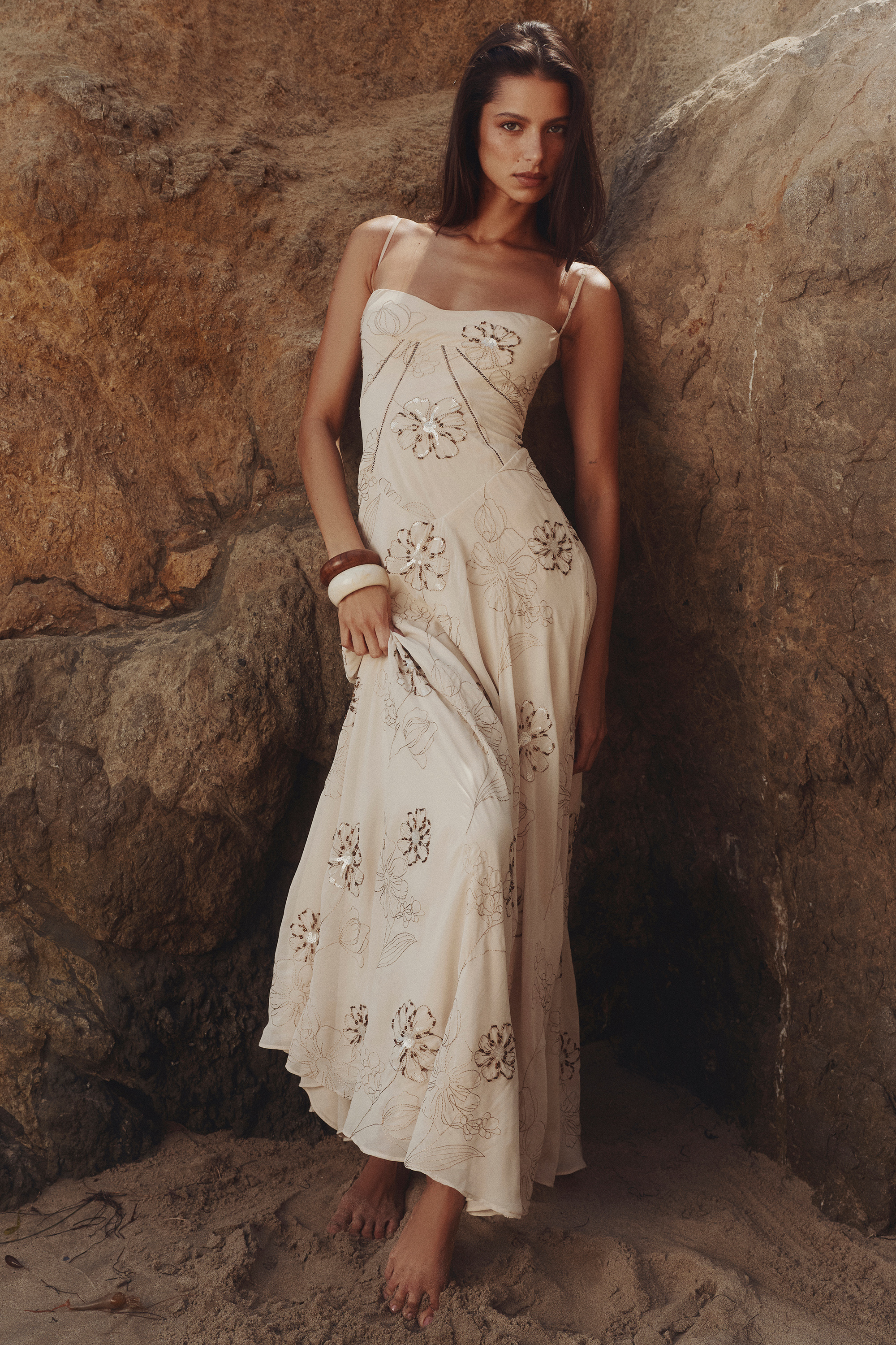 Seren Vanilla Embroidered Hand Beaded Floral Maxi Dress - luluinthesky