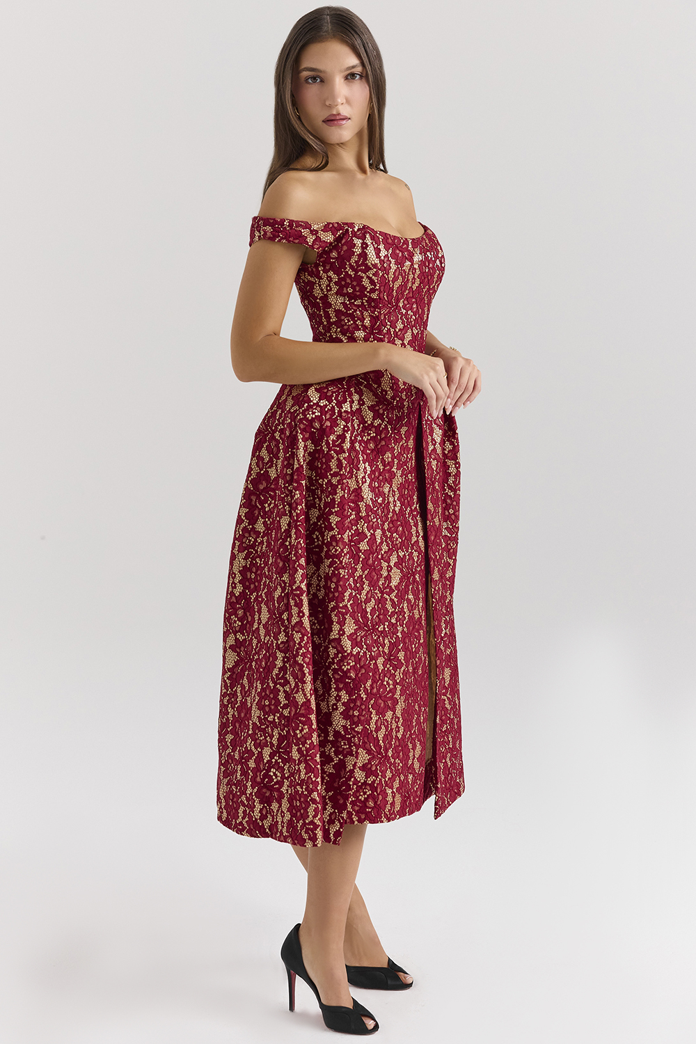 Charming Gold and Berry Lace Midi Off Shoulder Dress - luluinthesky