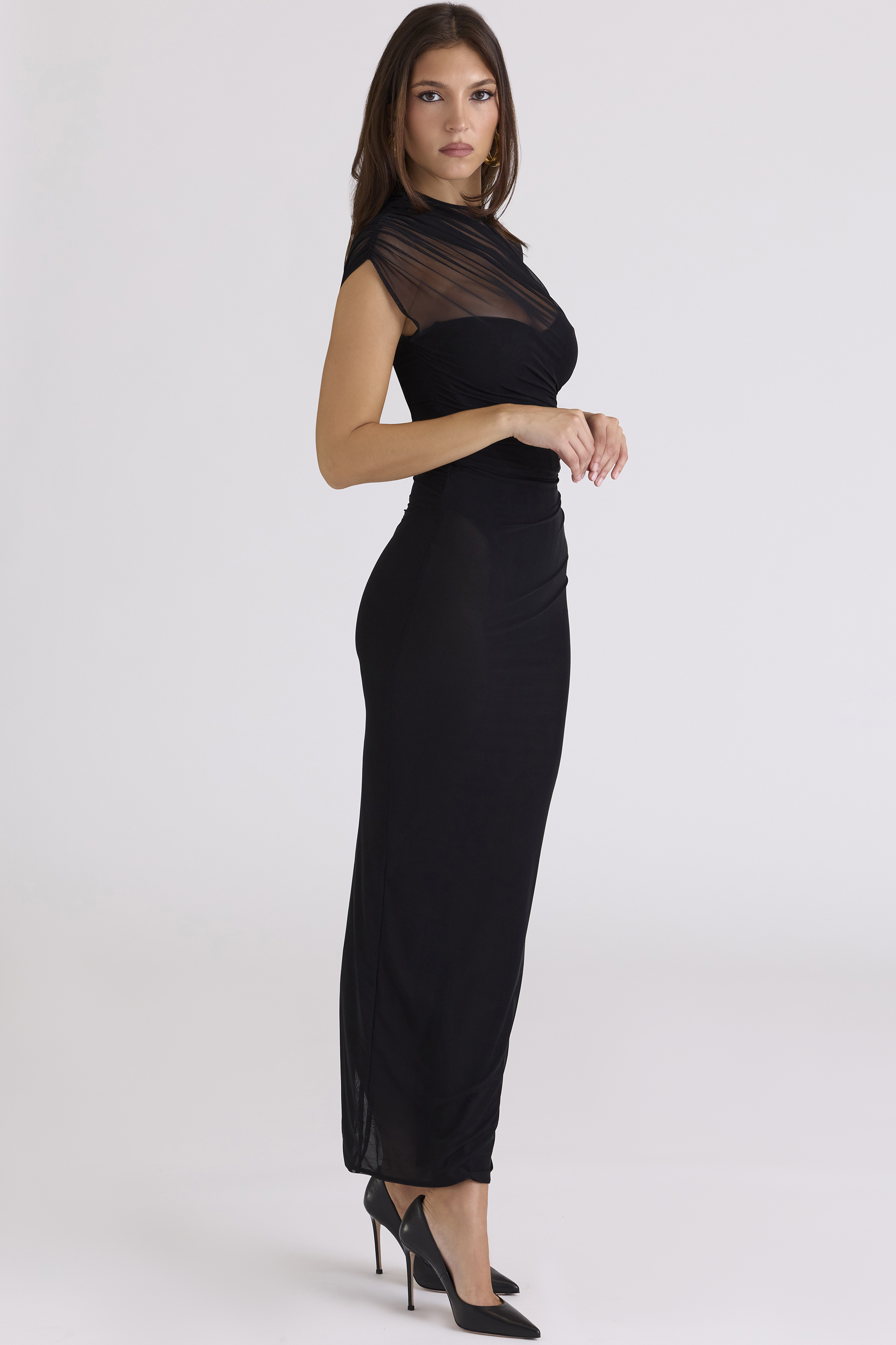 Orelia Black Draped Mesh Maxi Dress - luluinthesky