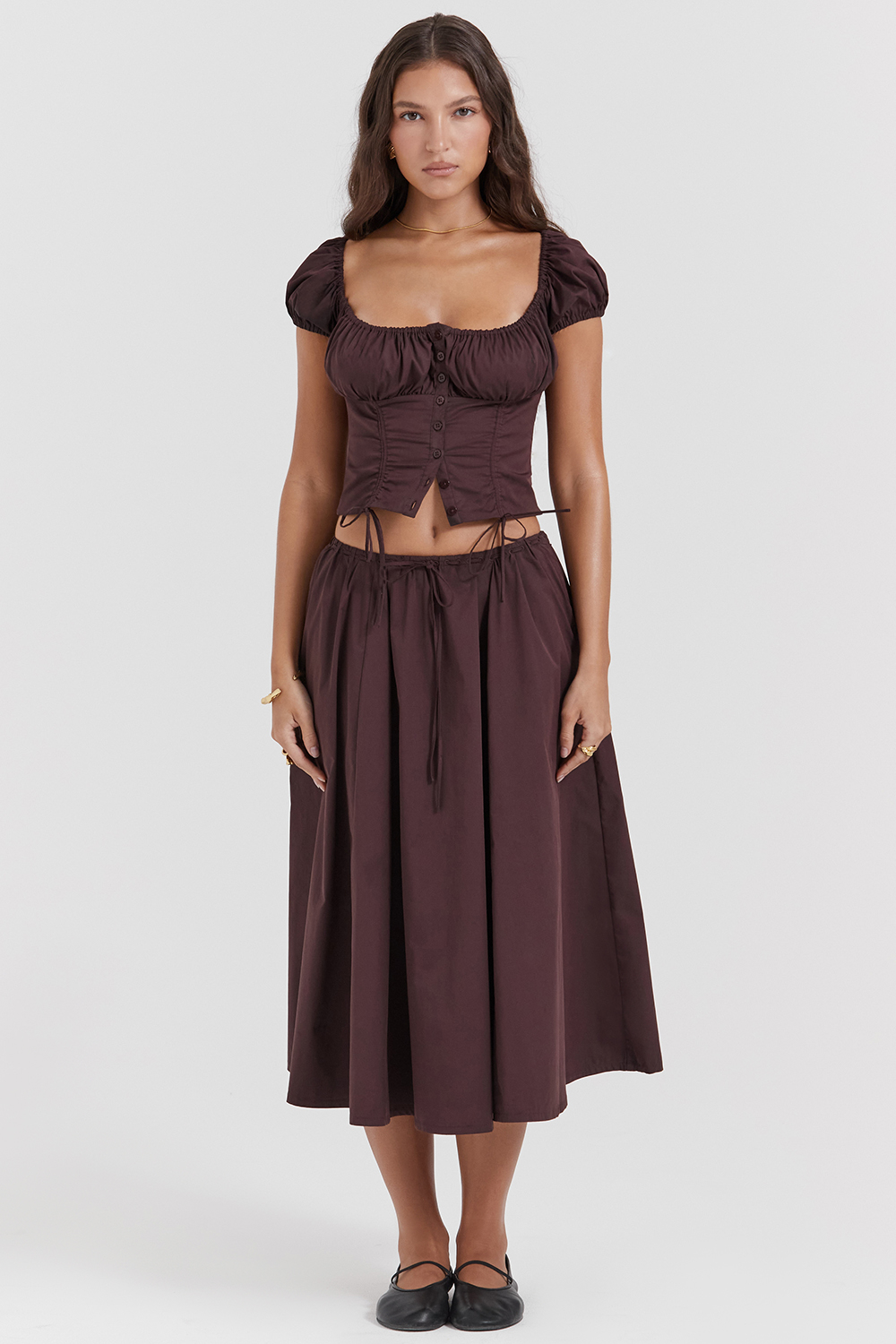 Cora Rich Brown Gathered Midi Skirt - luluinthesky