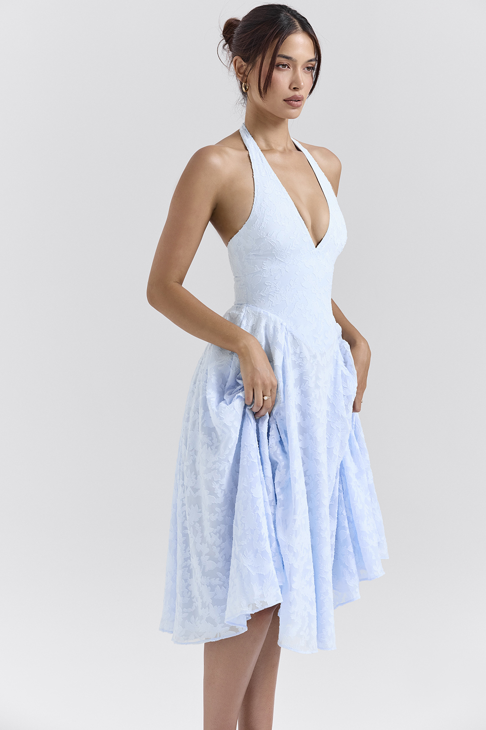 Arietta Bluebell Floral Jacquard Halter Midi Dress - luluinthesky