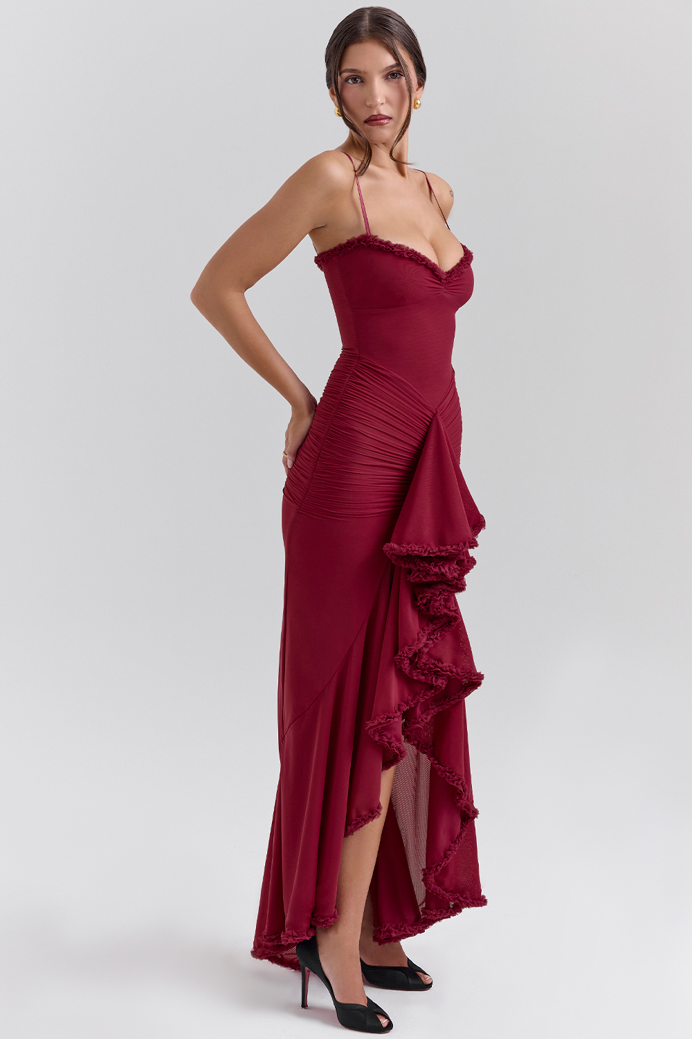 Gabbi Wine Ruffled Front Gown - luluinthesky