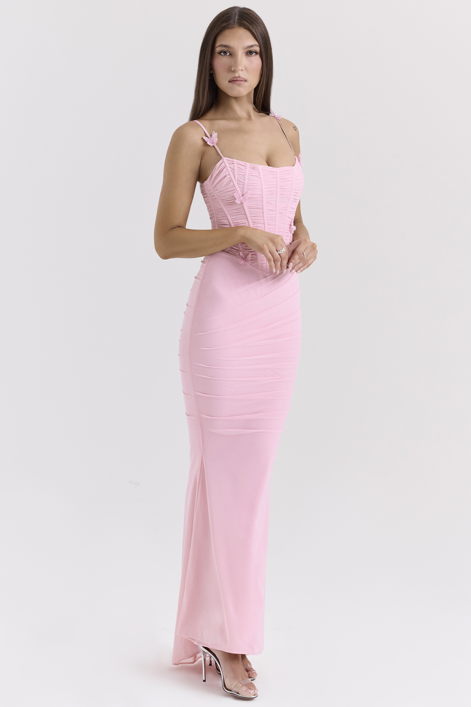 Romola Pink Stretch Mesh Butterfly Maxi Dress - luluinthesky