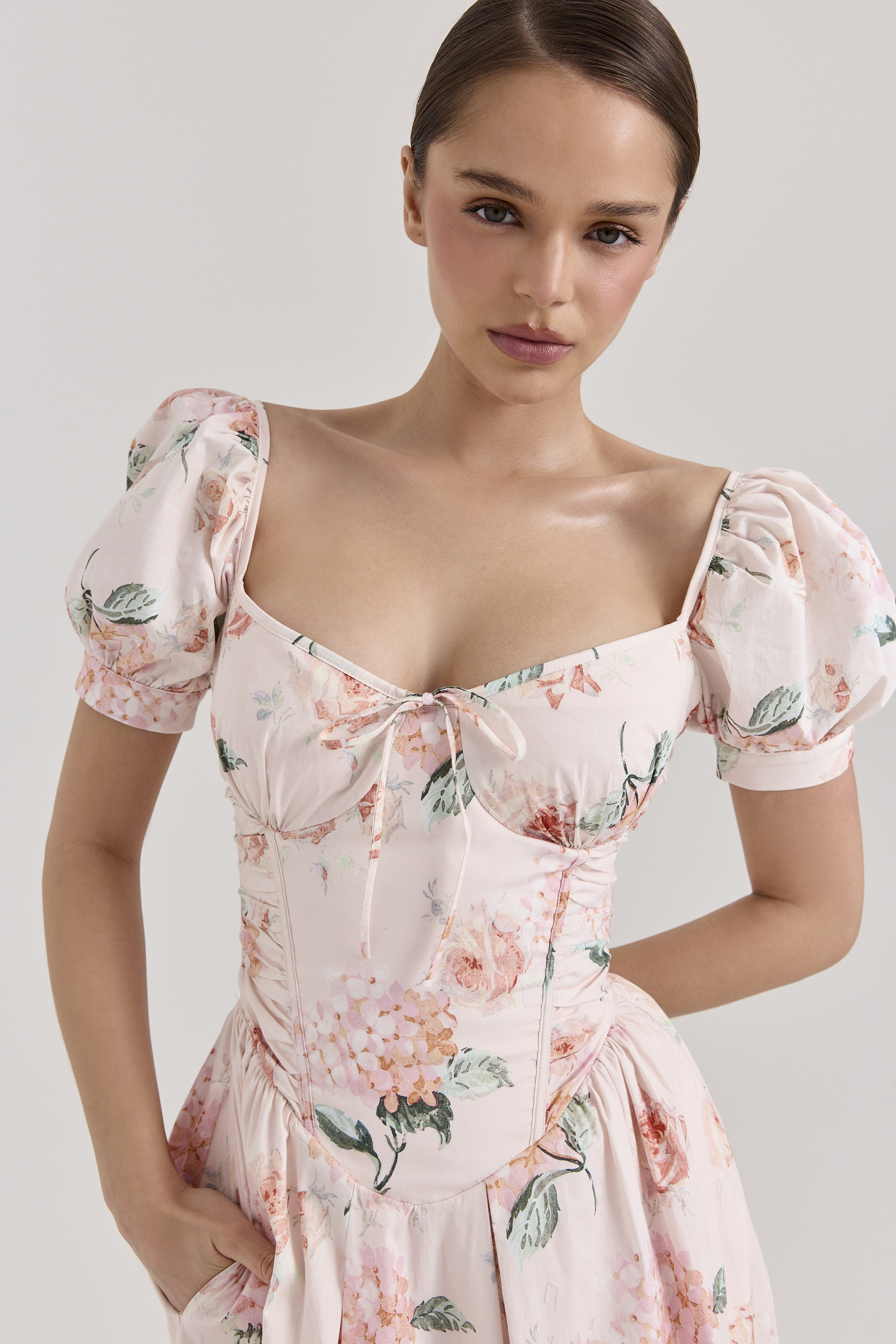 Lulabell Peach Floral Cotton Puff Sleeve Midi Dress - luluinthesky