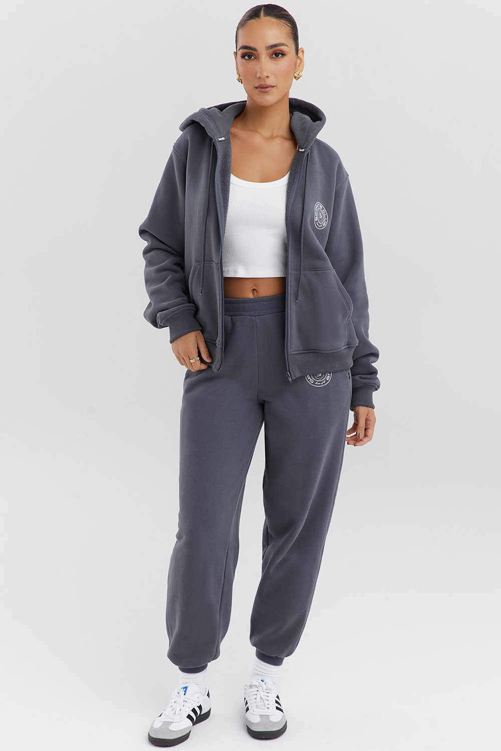 Mirage Slate Cotton Fleece-Back Zip Through Hoodie - luluinthesky