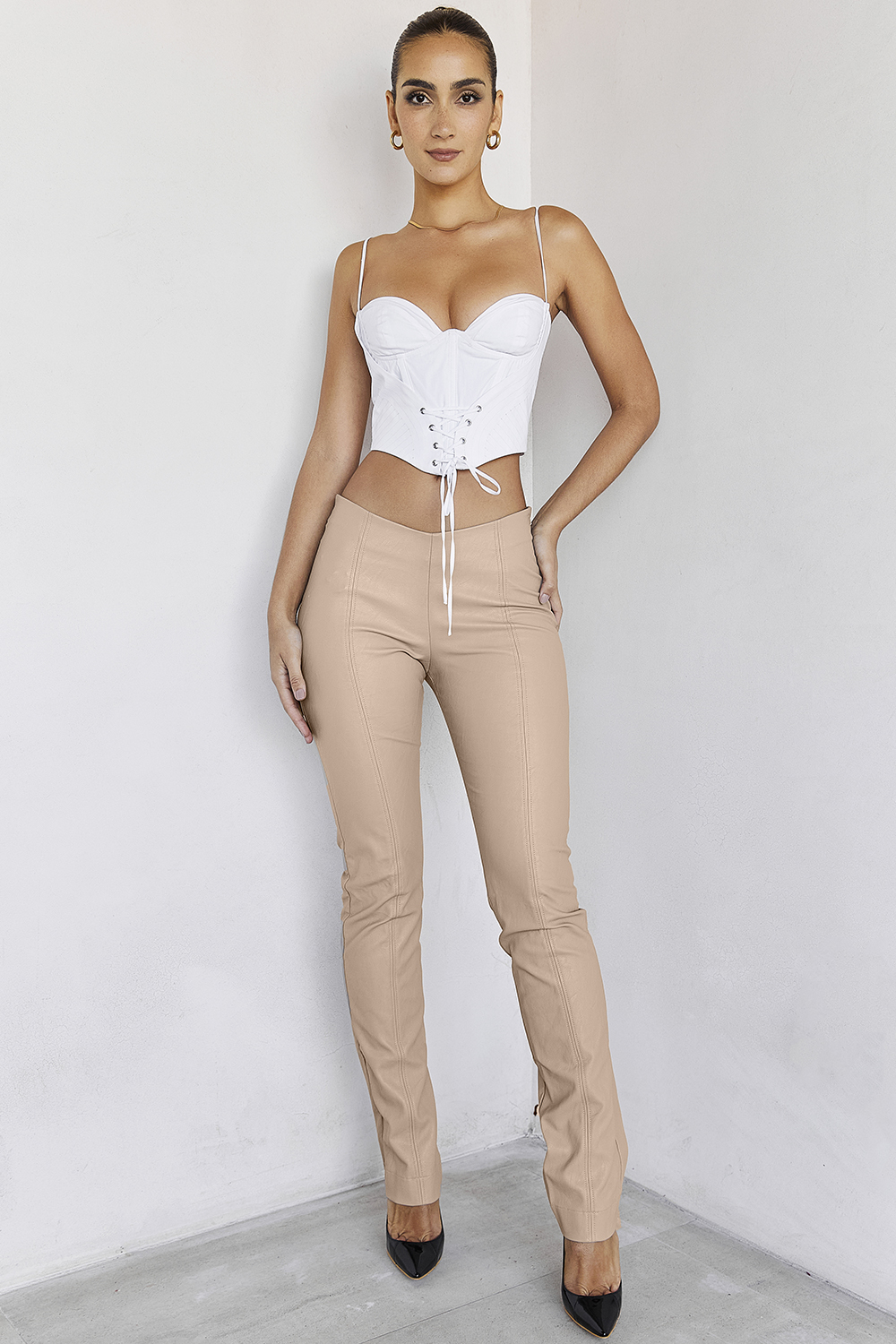 RivieraMistress Rocks  Beige Low Rise Vegan Leather Trousers - SALE - luluinthesky