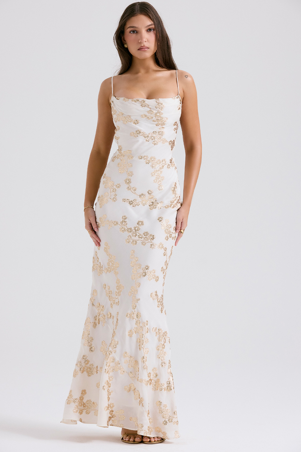 Capriana White & Gold Jacquard Satin Gown - luluinthesky