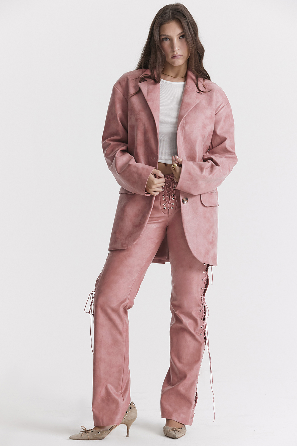 Kiera Warm Pink Vegan Leather Oversized Blazer - luluinthesky