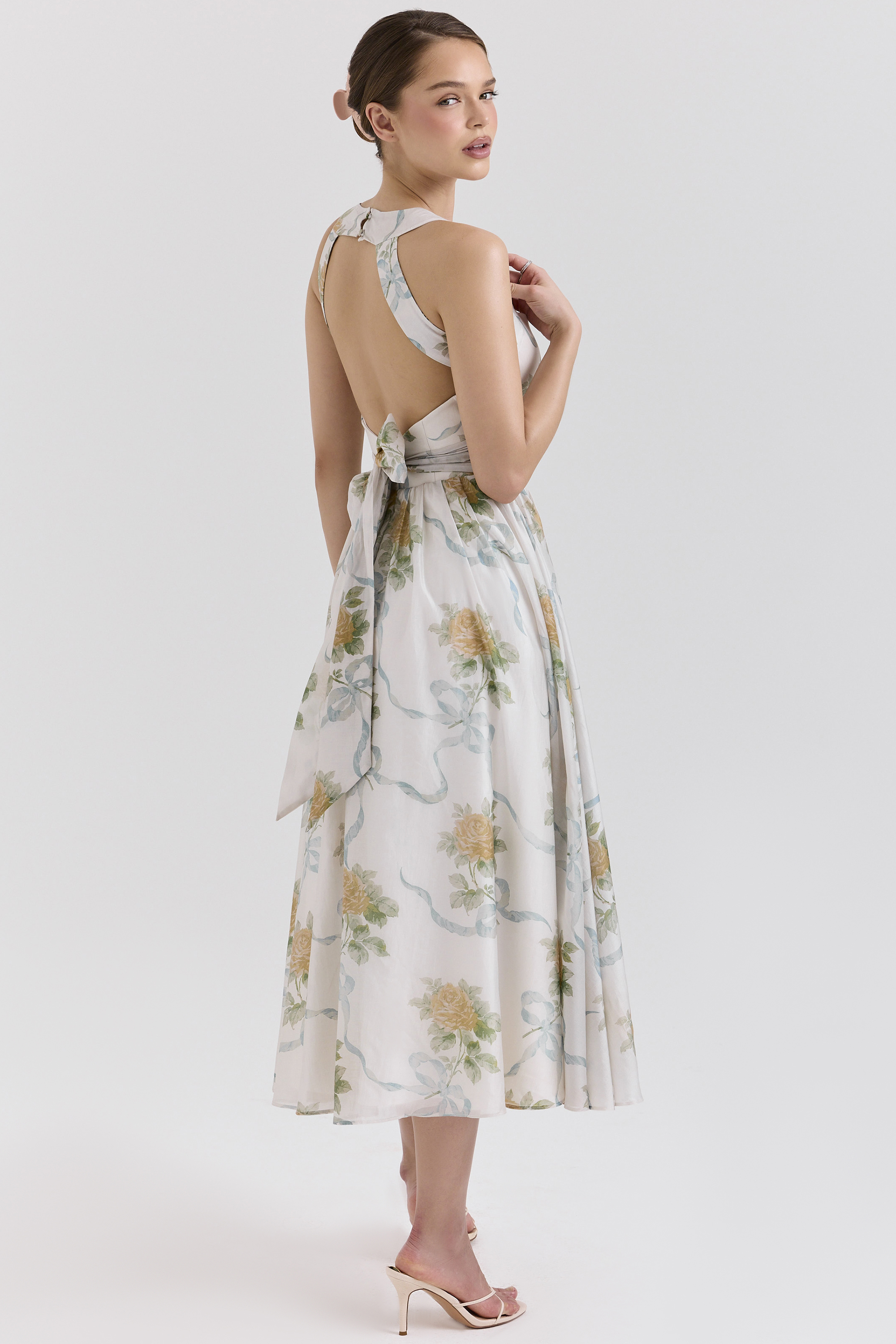 Minerva Soft Blue Vintage Ribbon Print Chiffon Midi Dress - luluinthesky