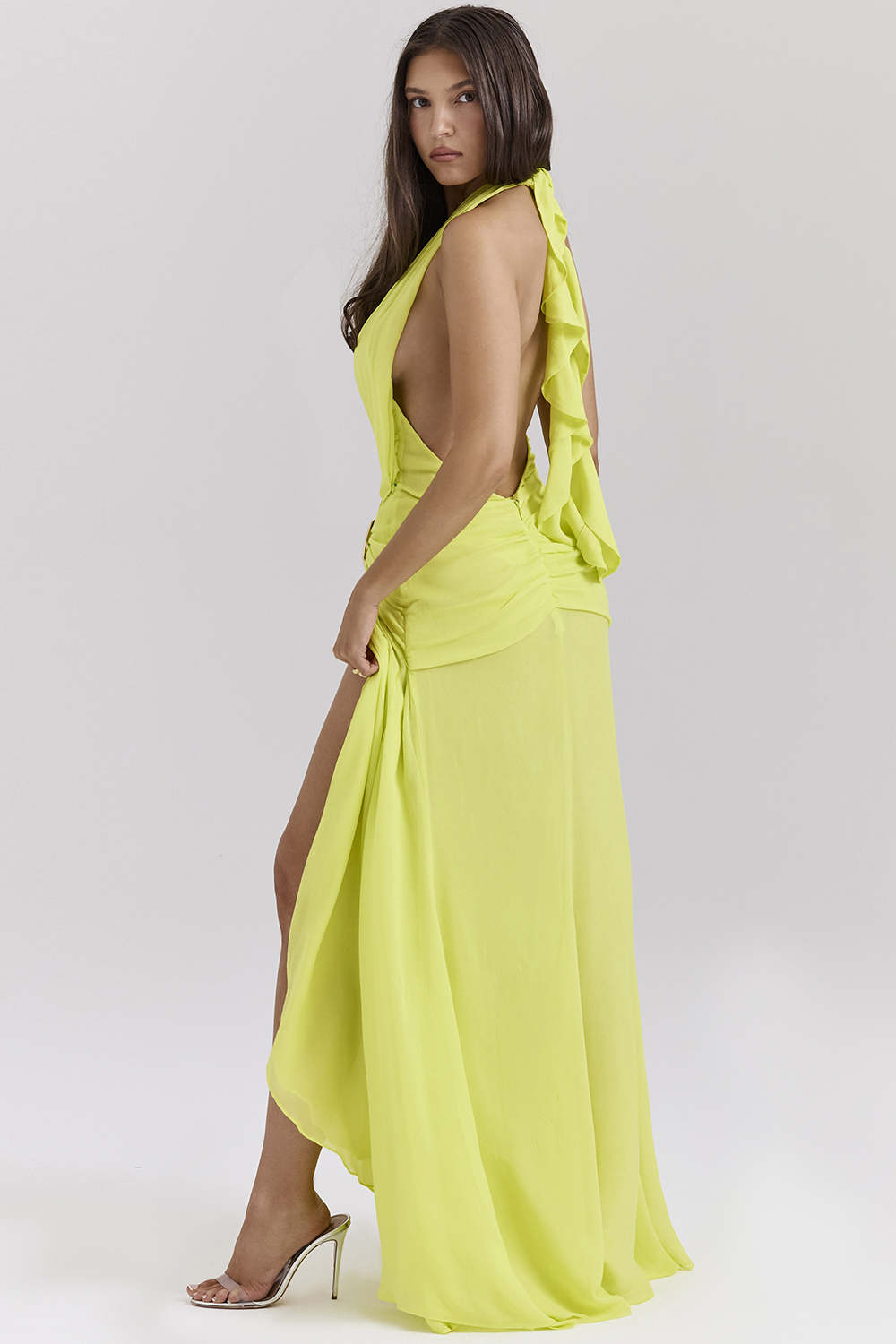 Olessia Acid Lime Backless Halter Maxi Dress - luluinthesky