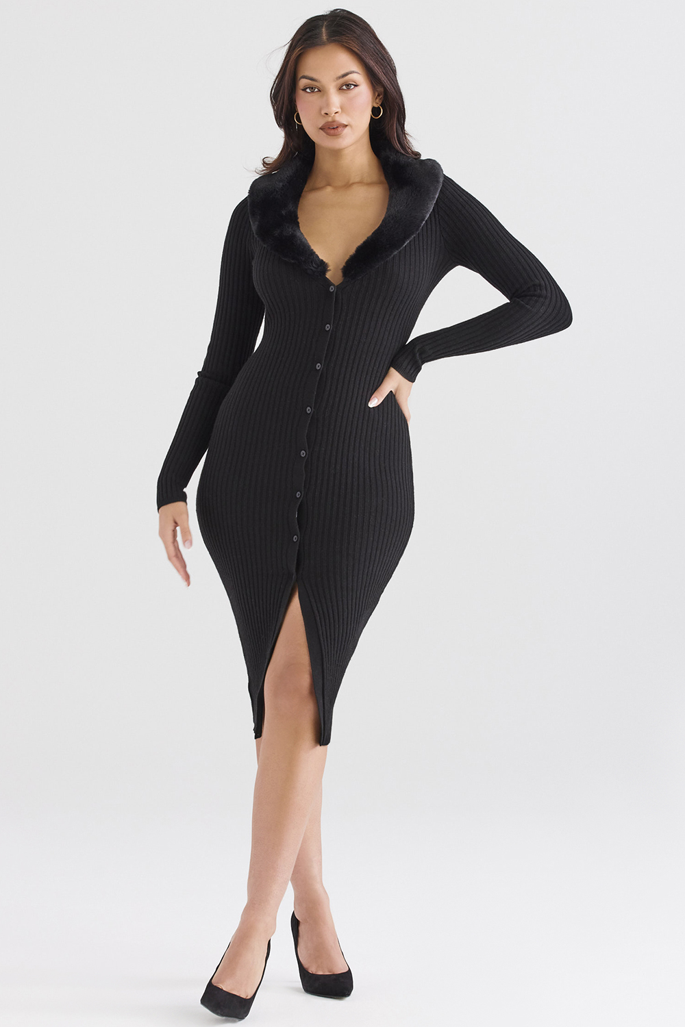 Raine Black Faux Fur Trim Dress - SALE - luluinthesky