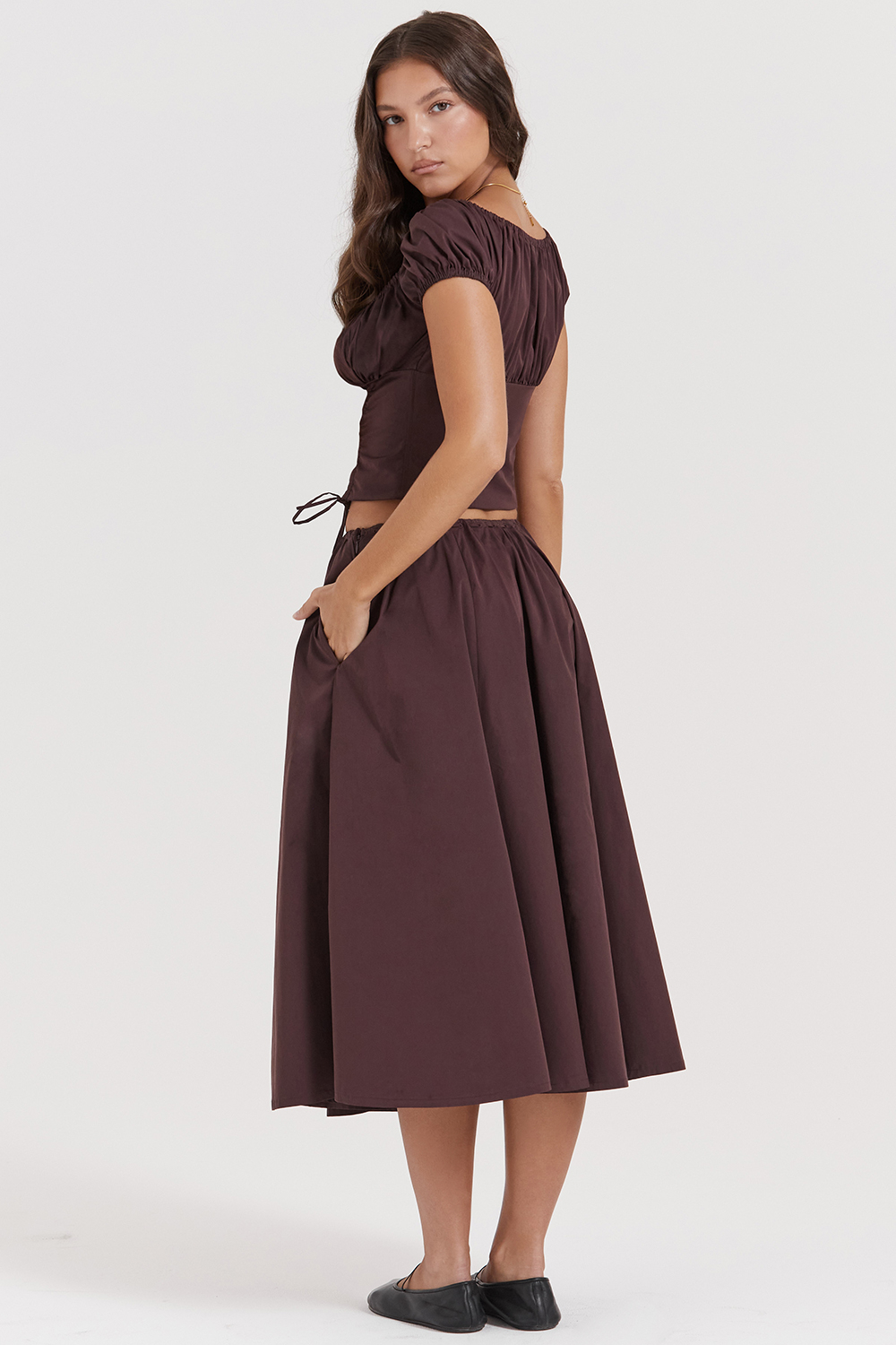 Cora Rich Brown Gathered Midi Skirt - luluinthesky