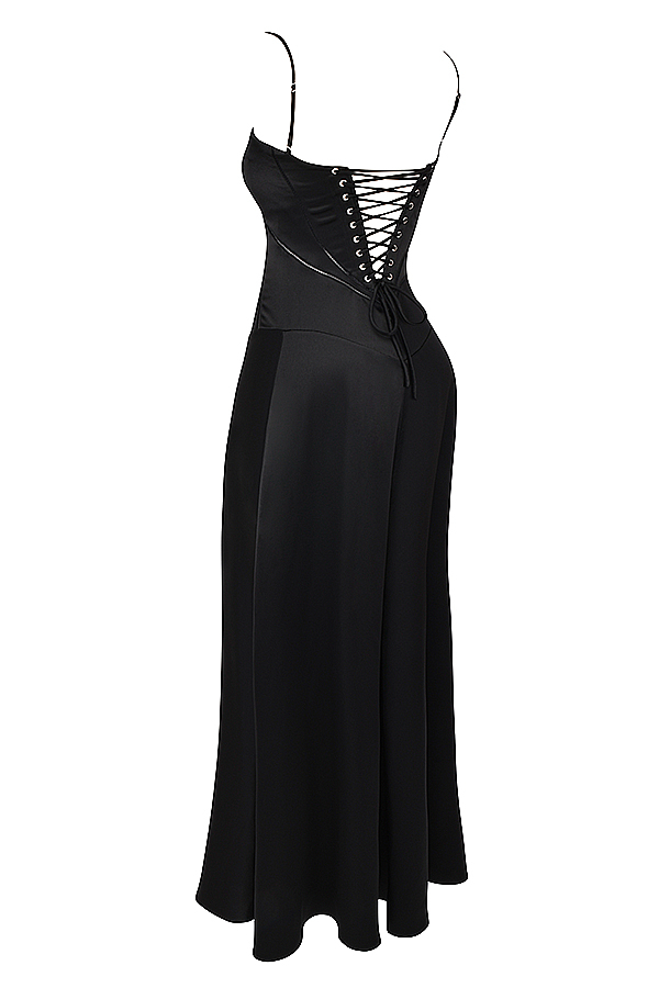 Anabella Black Lace Up Maxi Dress - luluinthesky