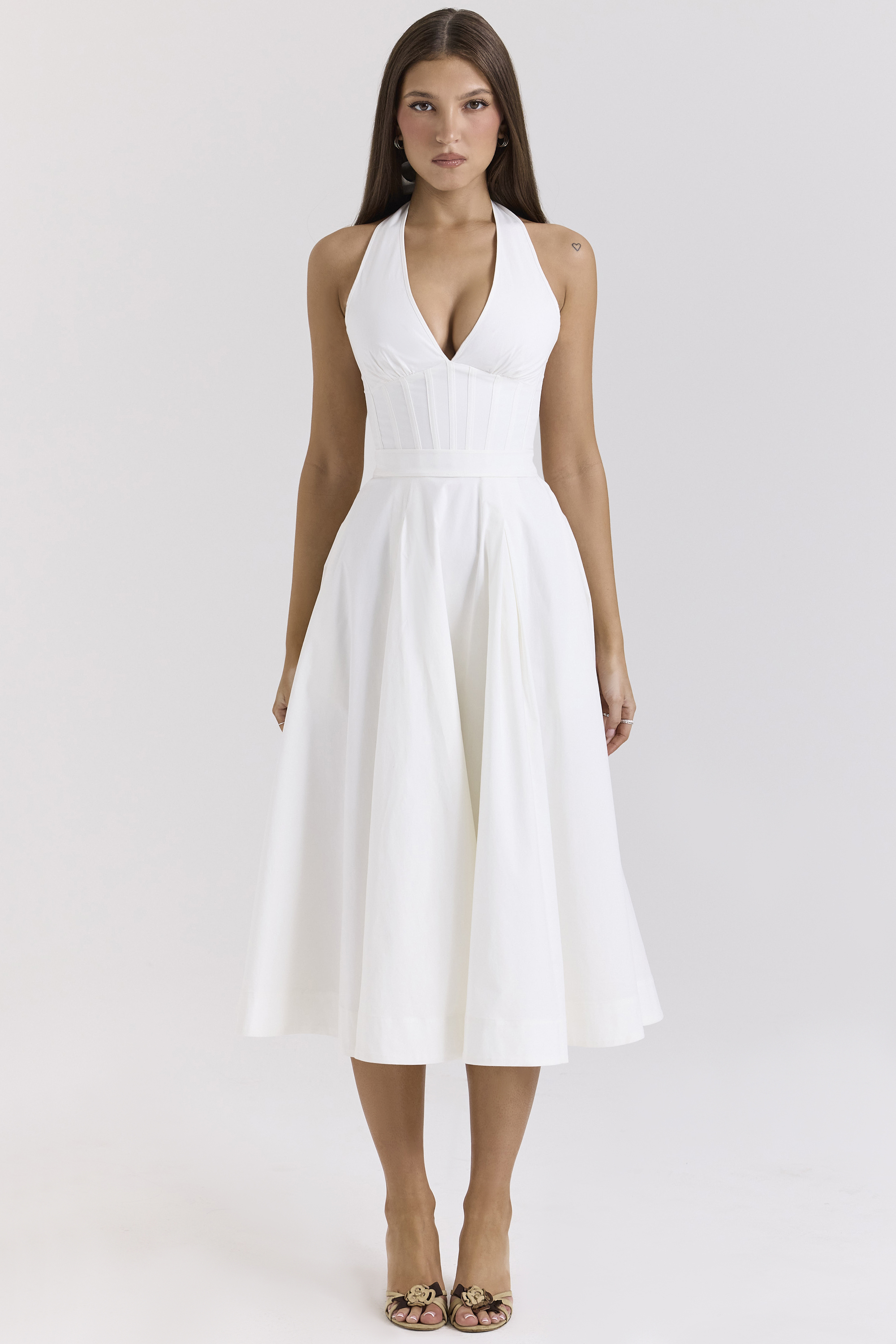 Allena White Stretch Cotton Halter Midi Sundress - luluinthesky