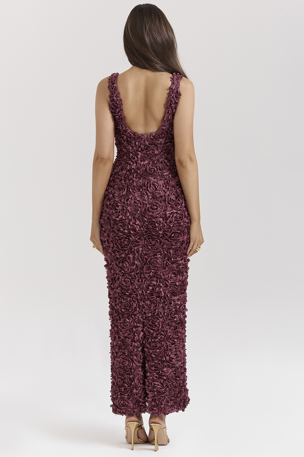 Carena Merlot Plunge Floral Appliqué Maxi Dress - luluinthesky