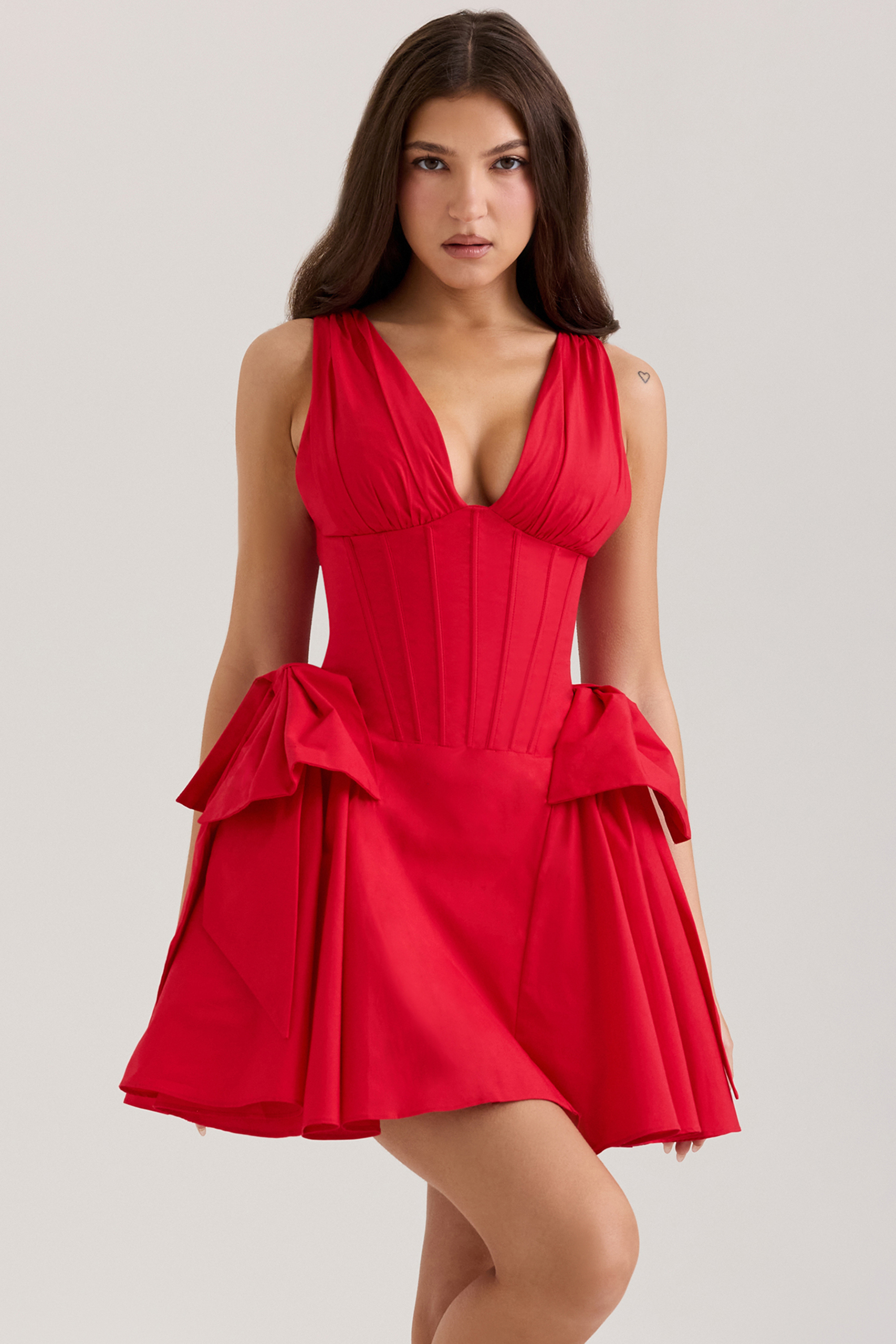 Amalia Red Cotton Bow Mini Dress - luluinthesky