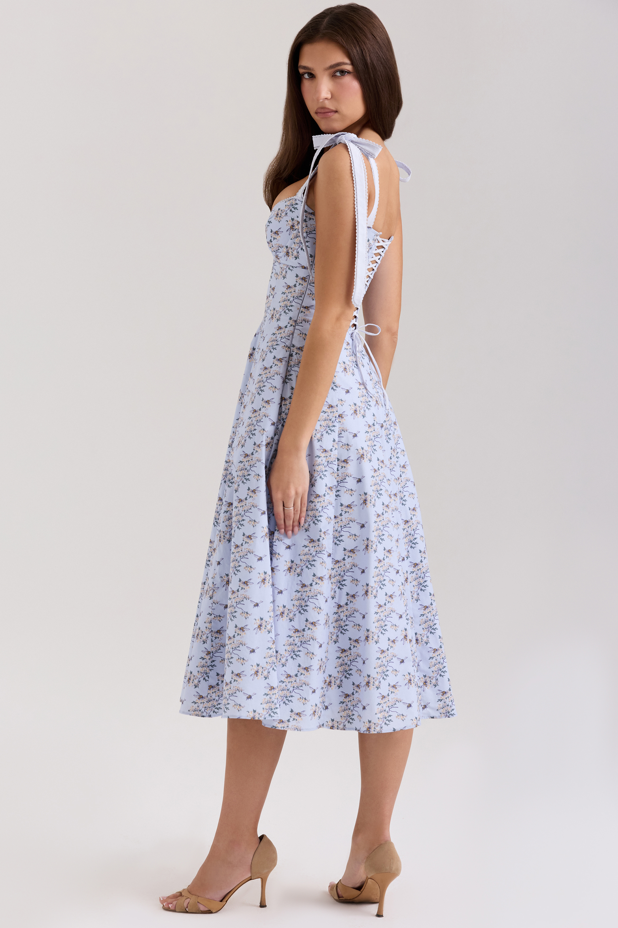 Emely Blue Floral Print Stretch Cotton Midi Sundress - luluinthesky