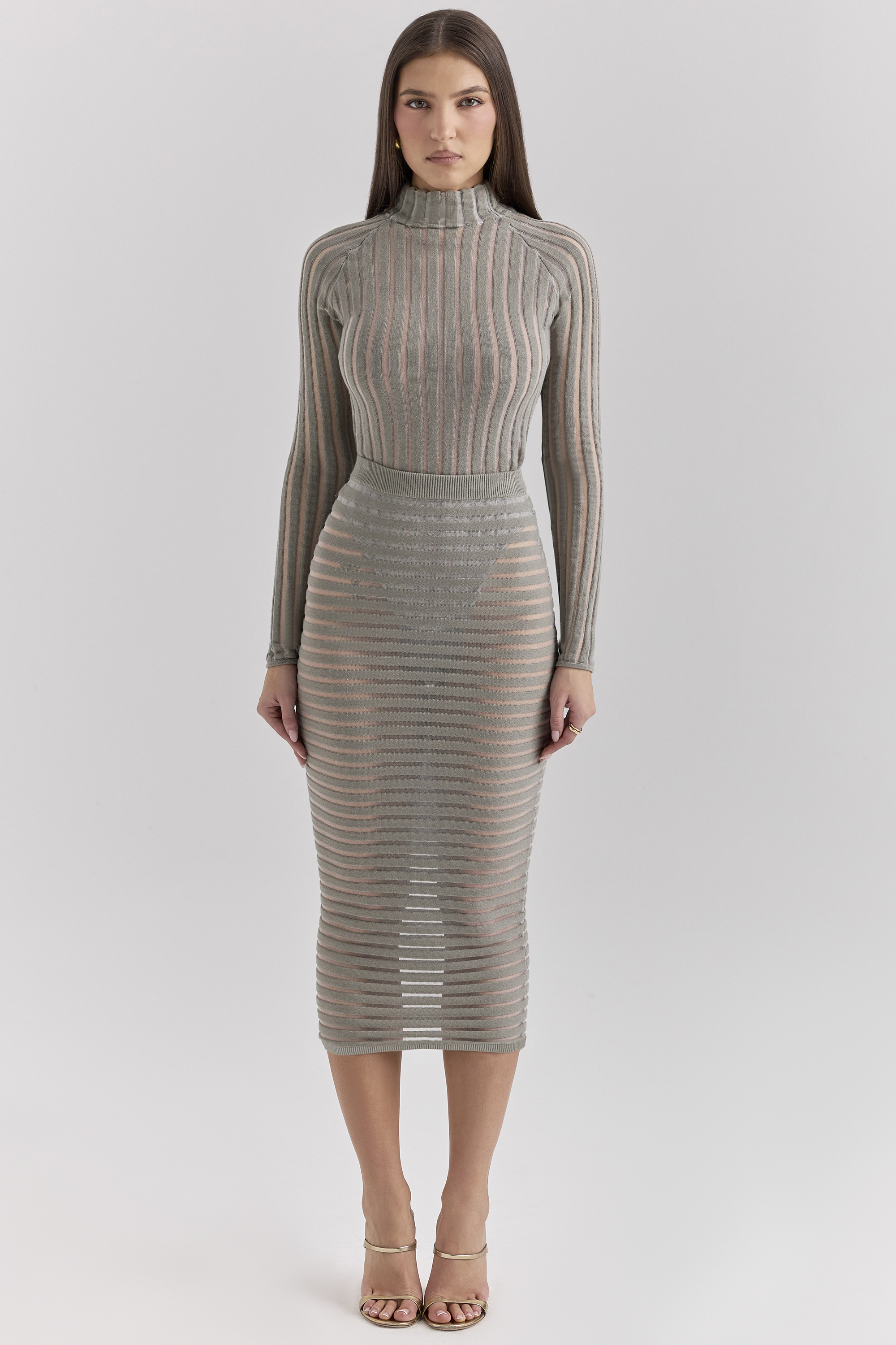 Margo Grey Velour Sheer Striped Midi Skirt - luluinthesky