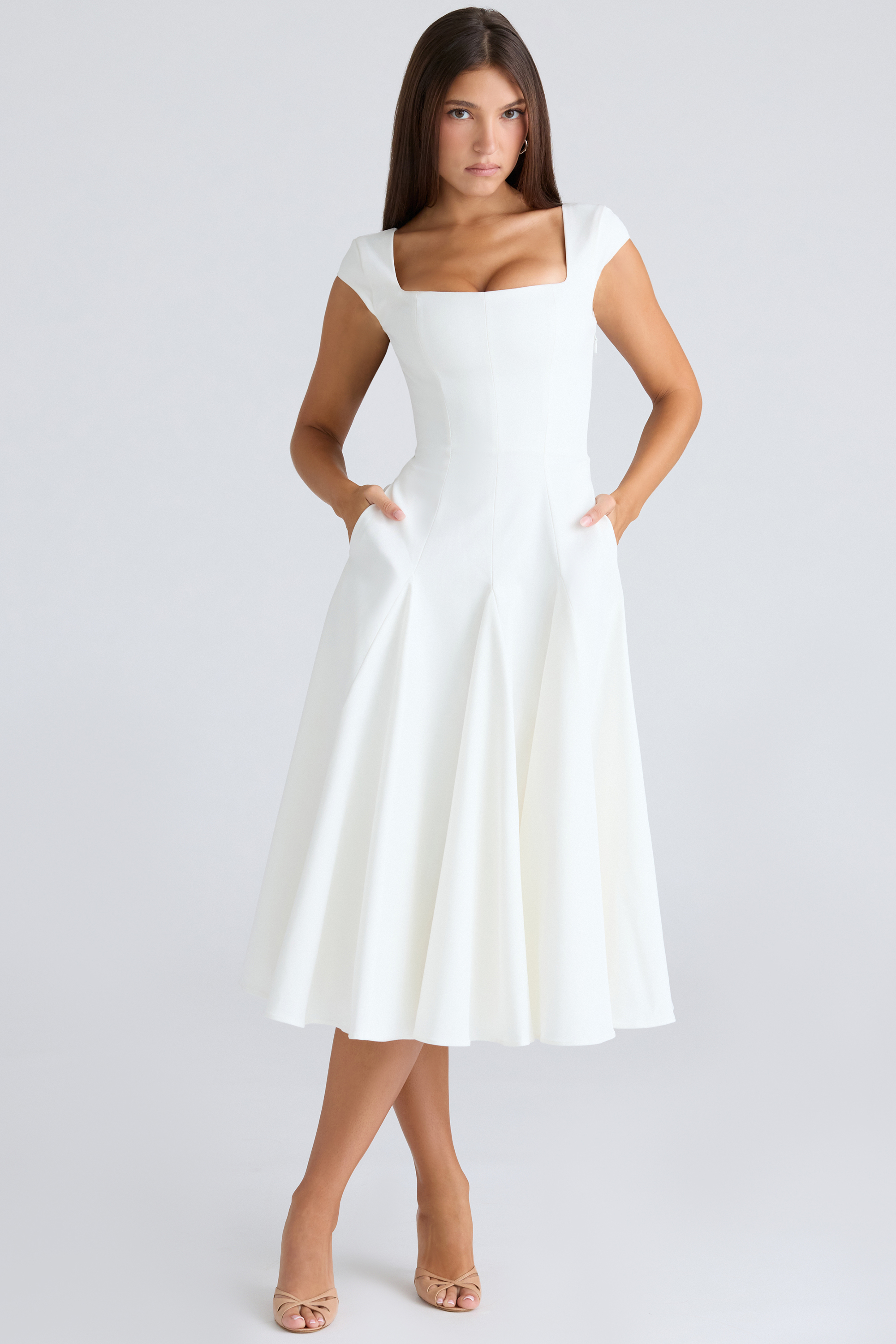 Raisa White Square Neck Twill Midi Dress - luluinthesky