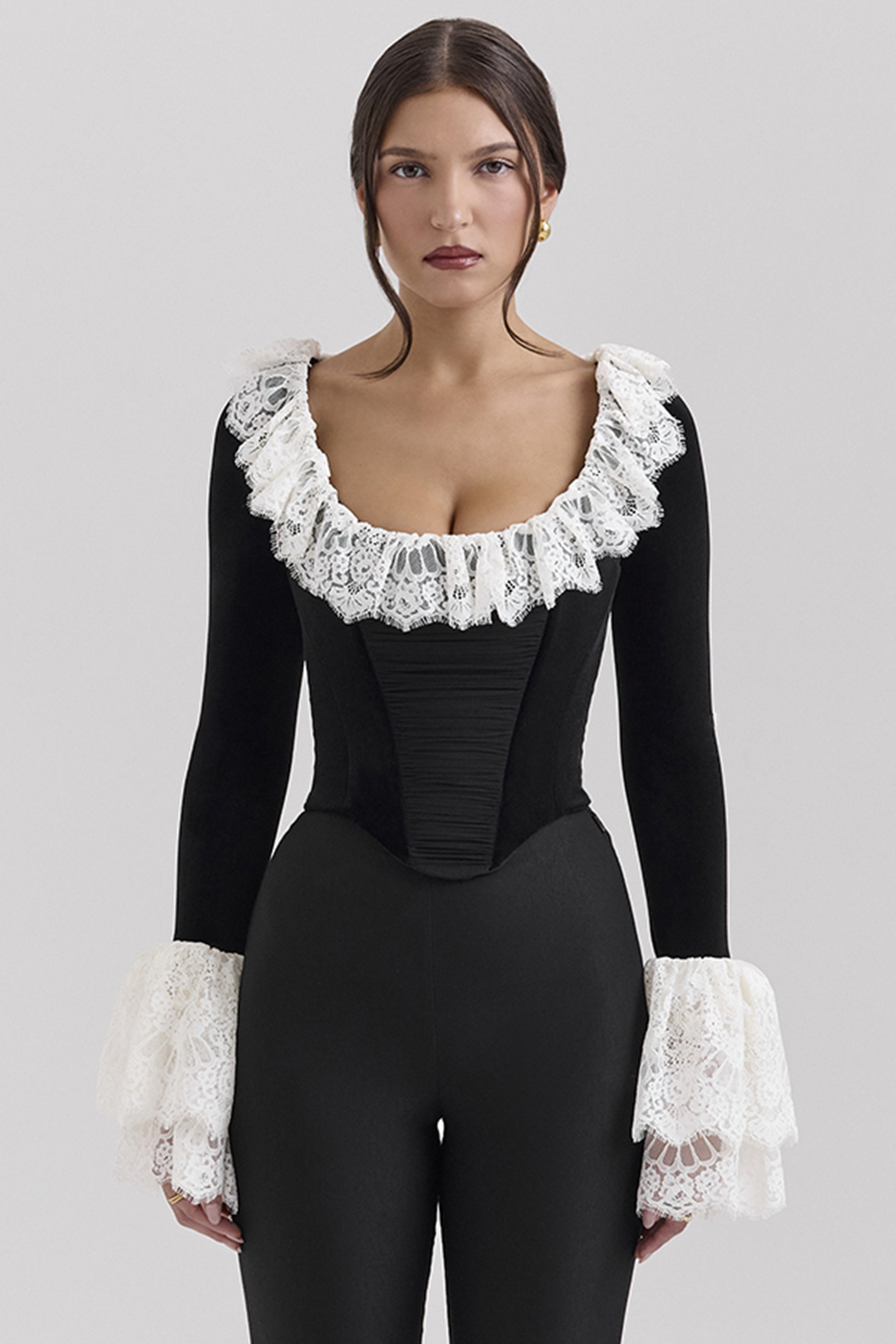 Jacinda Black Velvet Lace Trimmed Corset Top - SALE - luluinthesky
