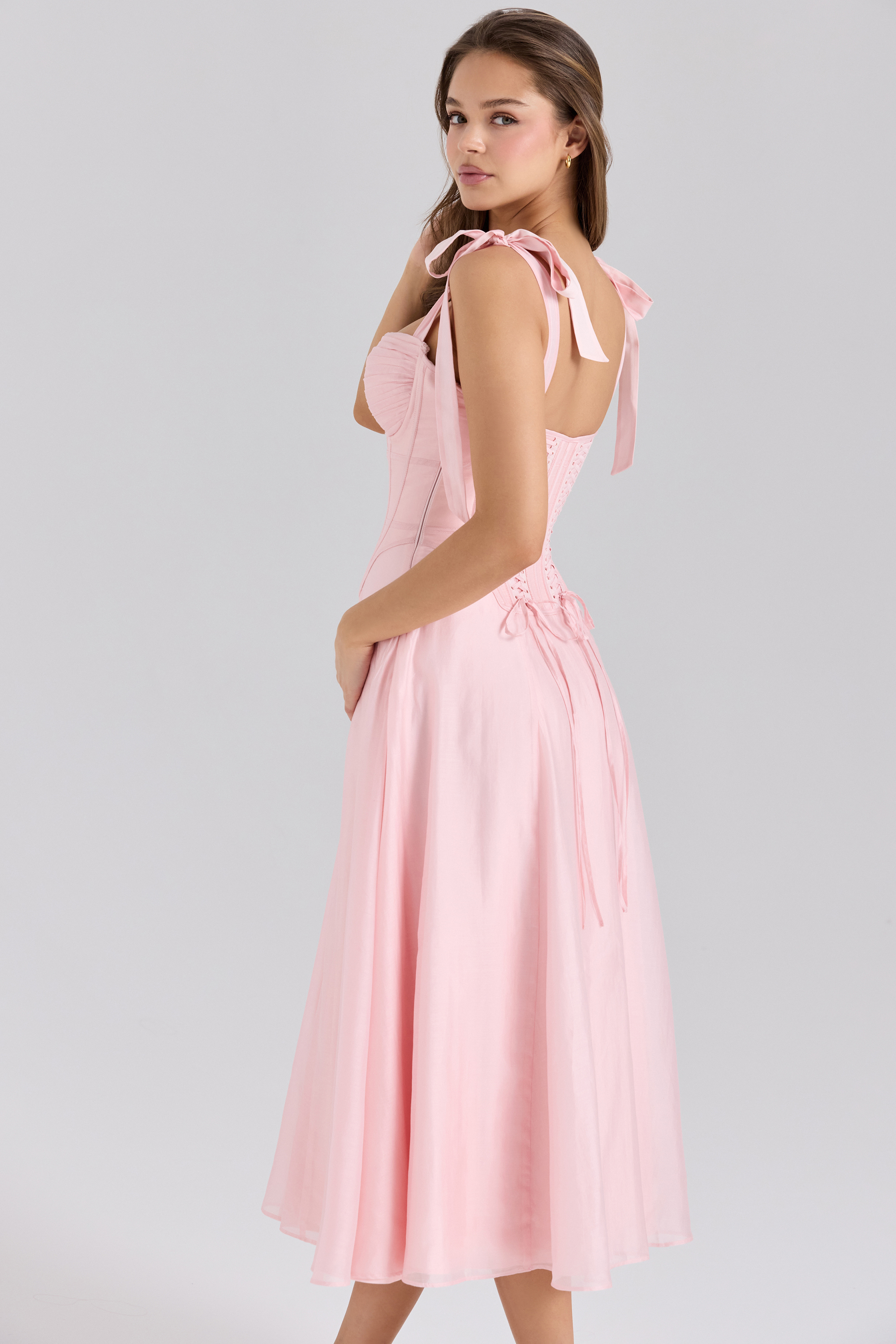 Leia Pink Chiffon Tie Strap Midi Dress - luluinthesky