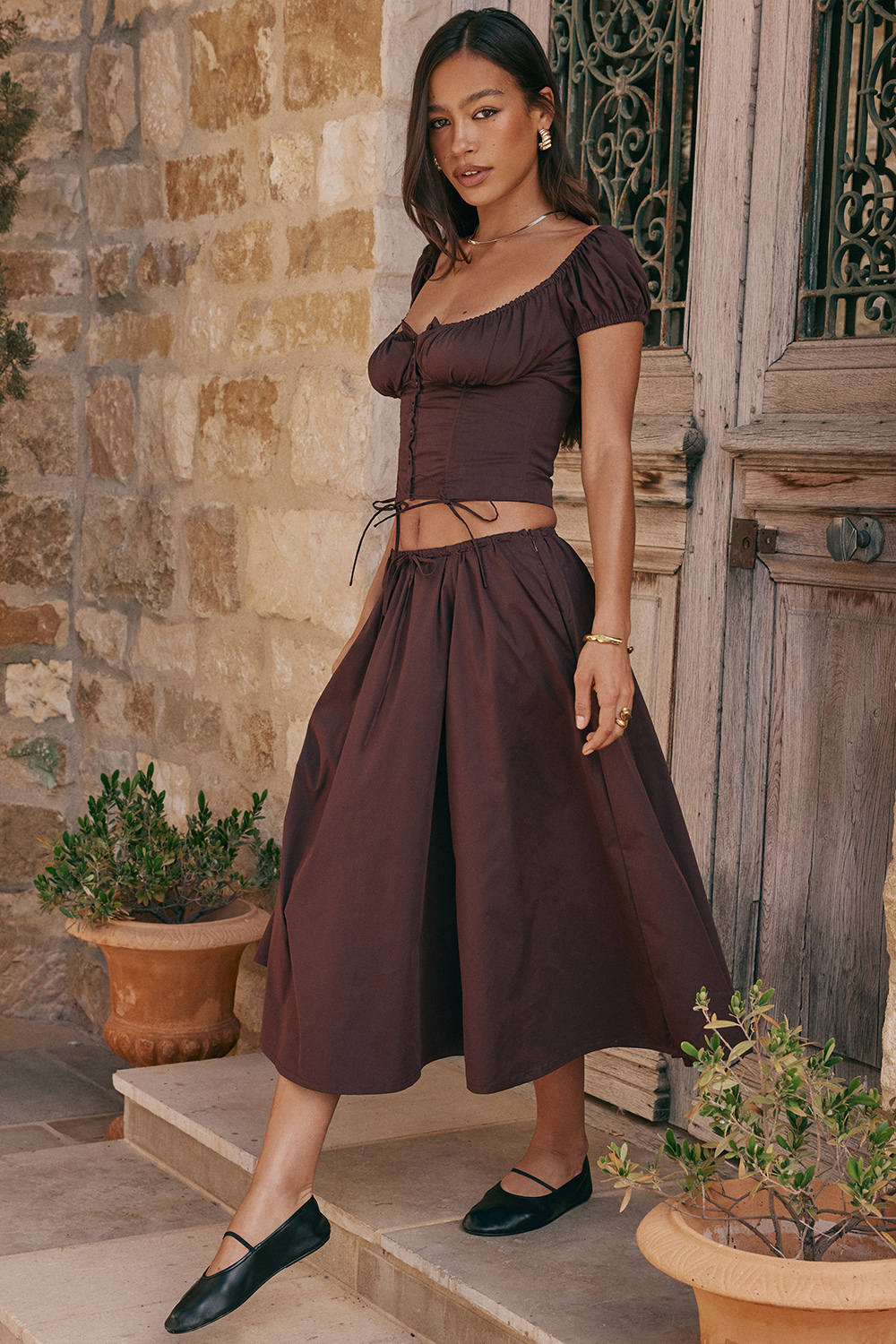 Cora Rich Brown Gathered Midi Skirt - luluinthesky