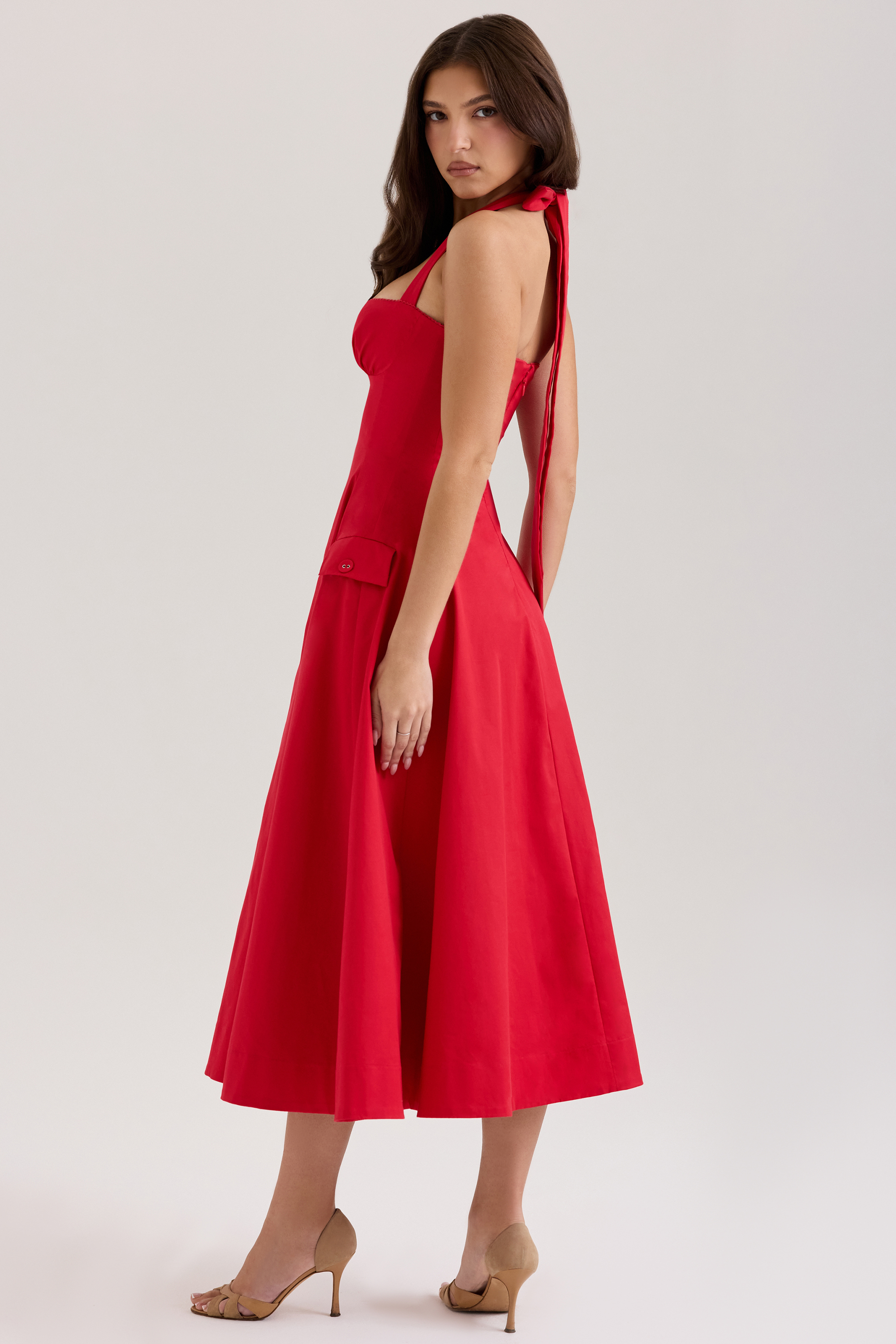 Claudia Red Stretch Cotton Button Halter Neck Midi Dress - luluinthesky