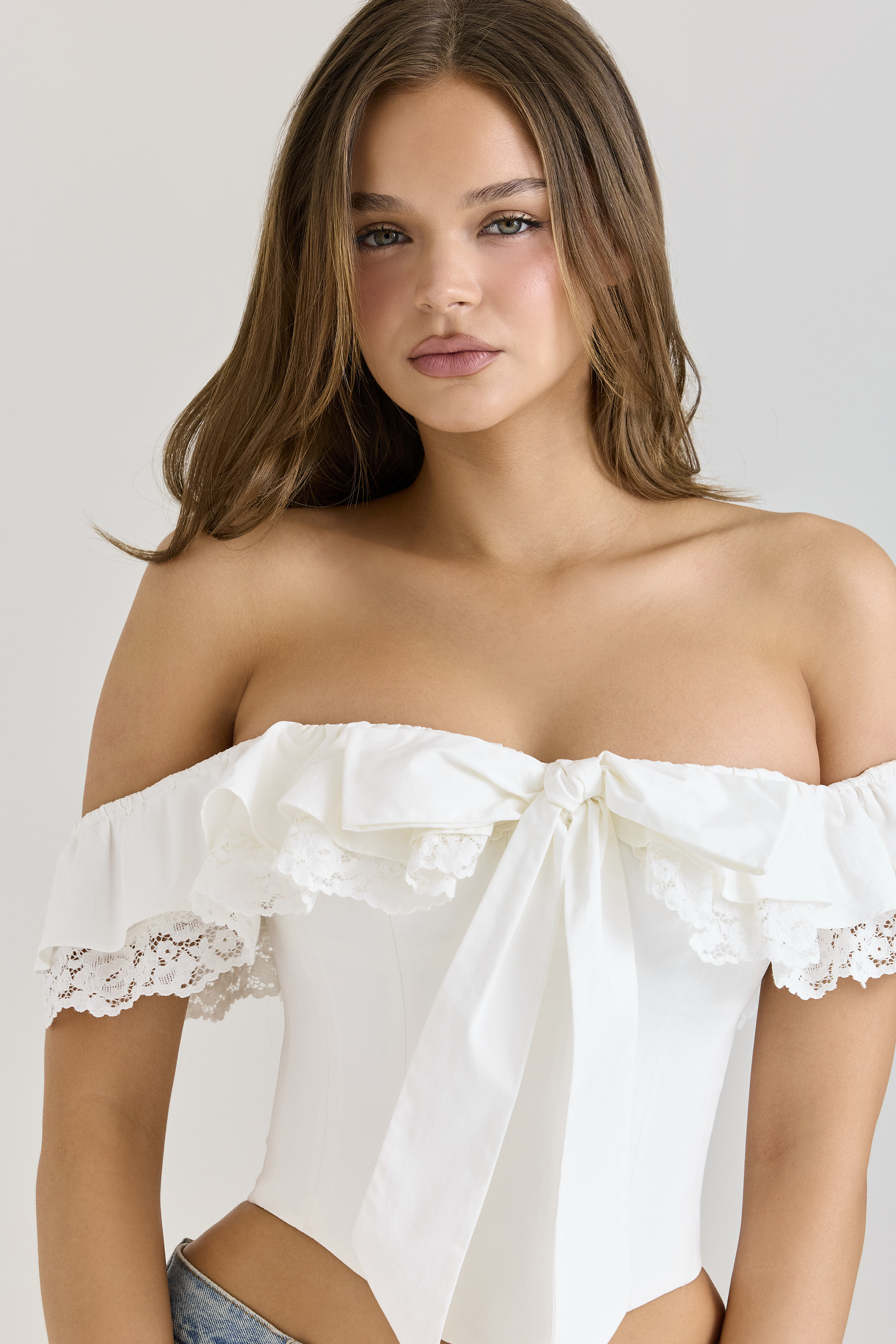 Aria White Stretch Cotton Off-The-Shoulder Frill Corset - luluinthesky