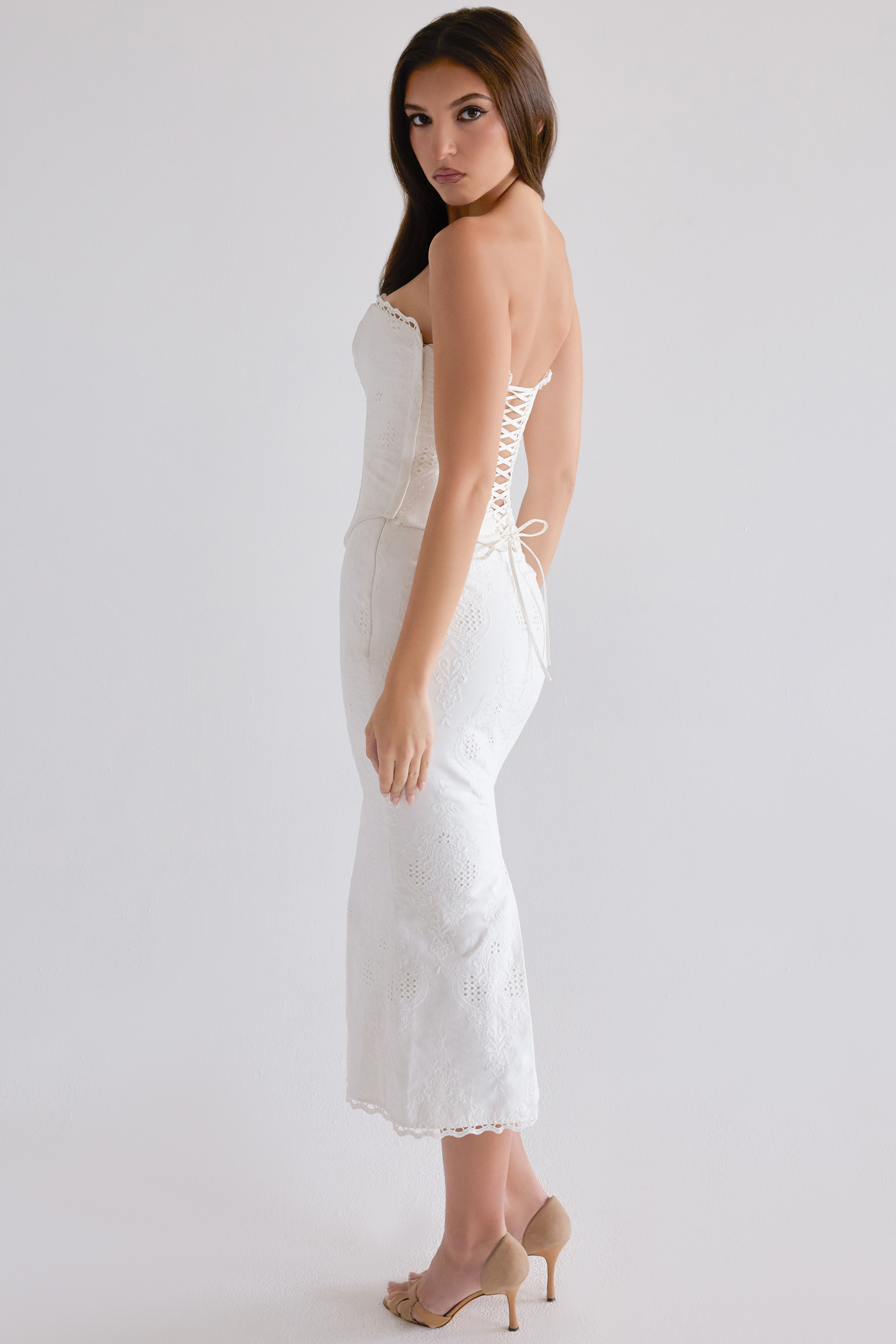 Antonie White Cotton Broderie Anglaise Midi Skirt - luluinthesky