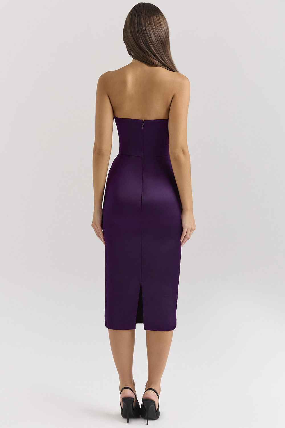 Santana Grape Satin Strapless Midi Dress - luluinthesky