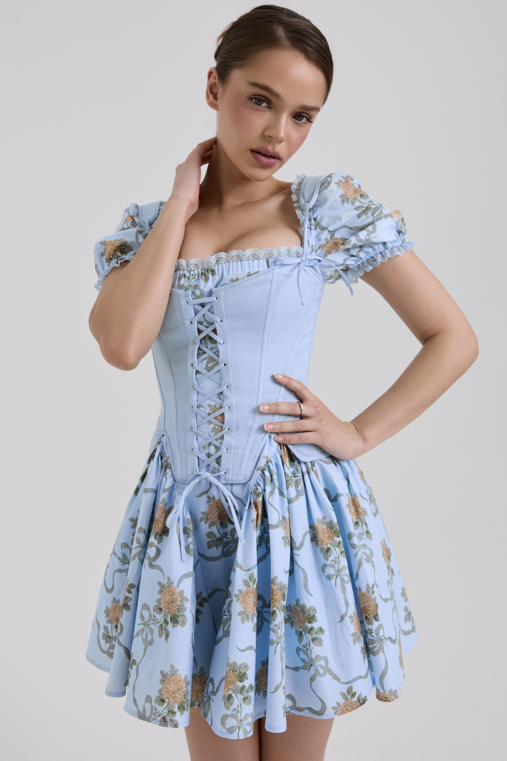 Rosie Blue Rose Print Cotton Mini Dress - luluinthesky