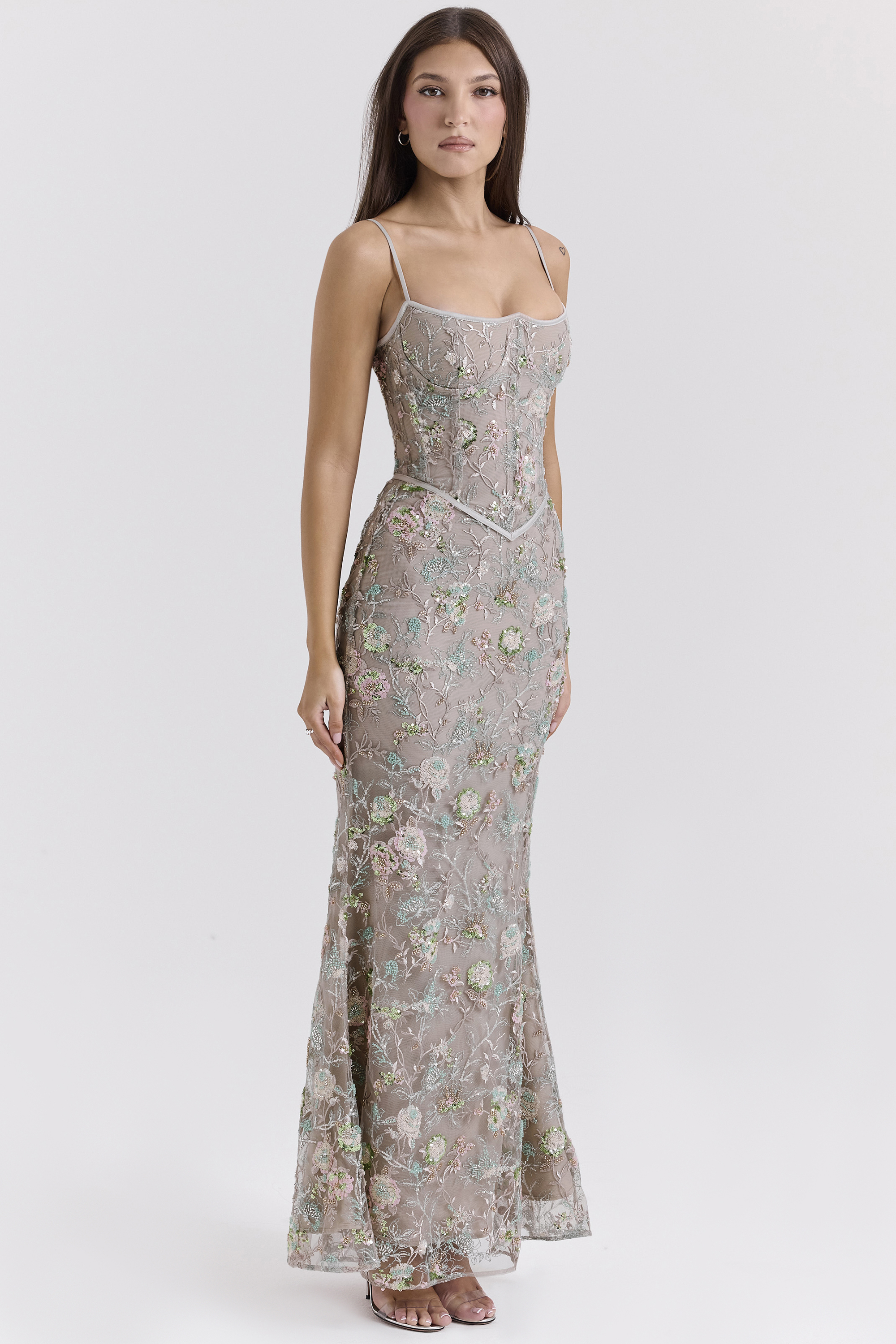 Naima Silver Embellished Beaded Corset Maxi Dress - luluinthesky