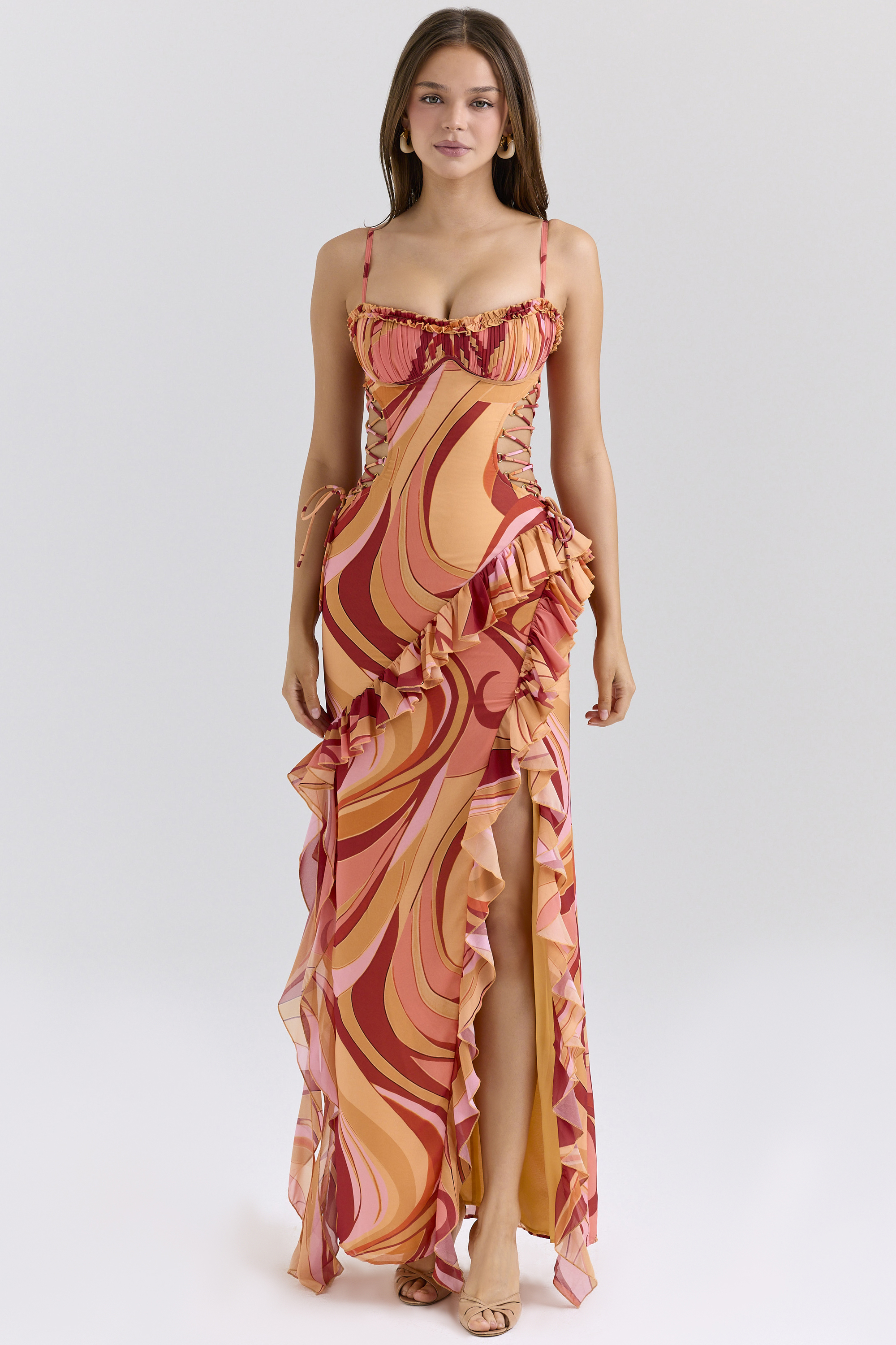 Lumira Sunset Swirl Print Ruffle Cut Out Maxi Dress - luluinthesky