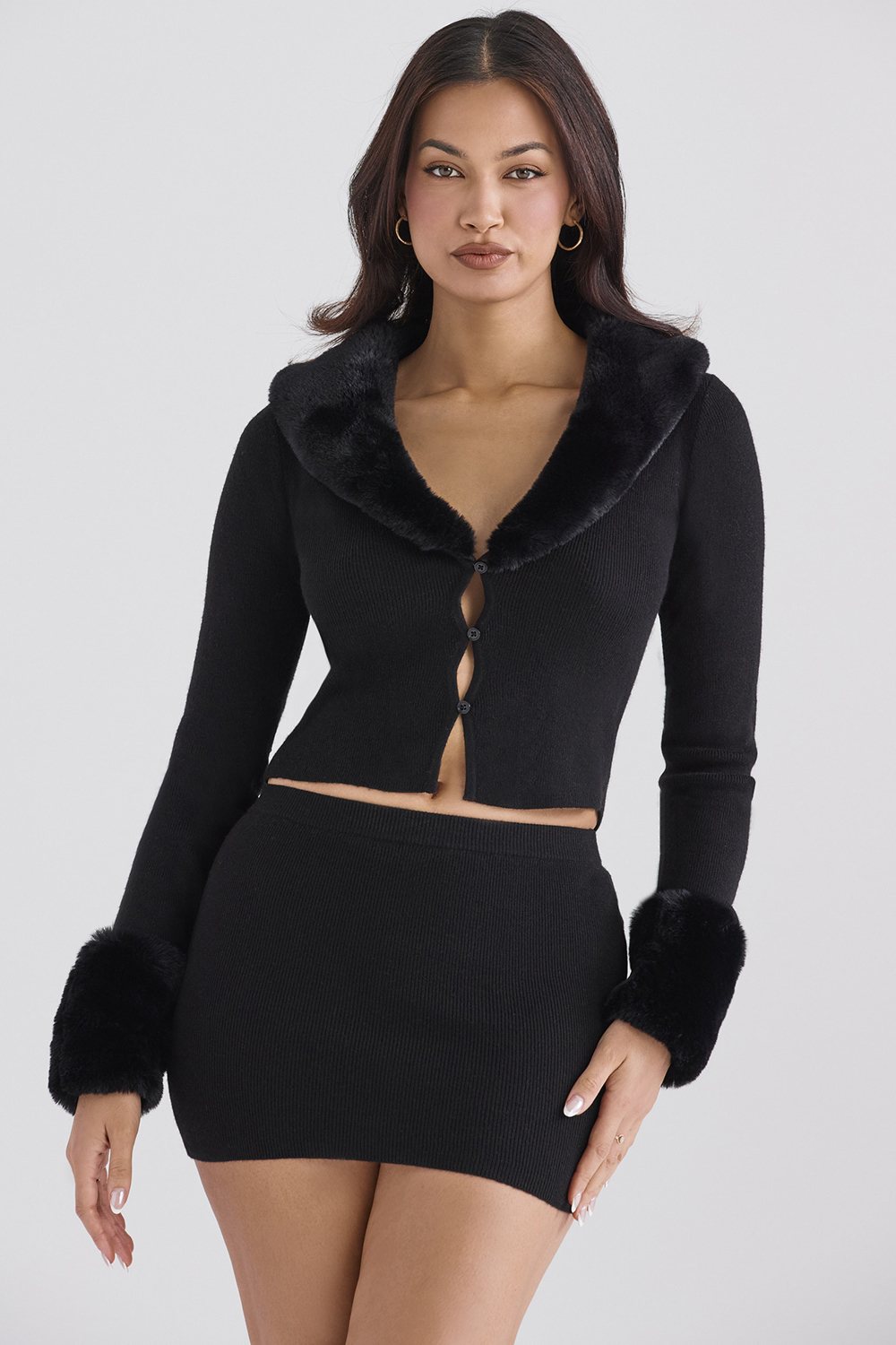 Blanche Black Faux Fur Trim Cardigan - SALE - luluinthesky