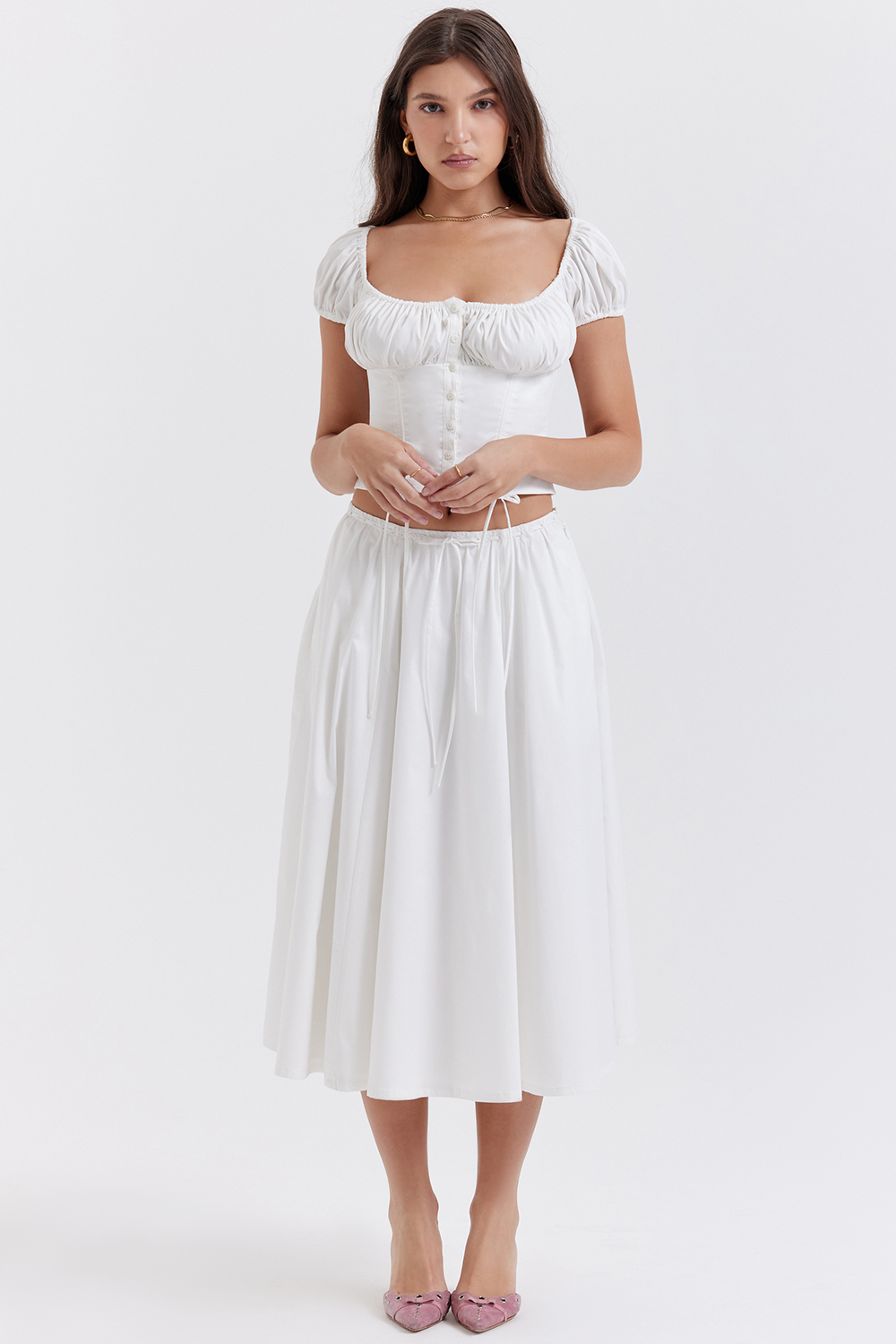 Cora White Gathered Midi Skirt - luluinthesky