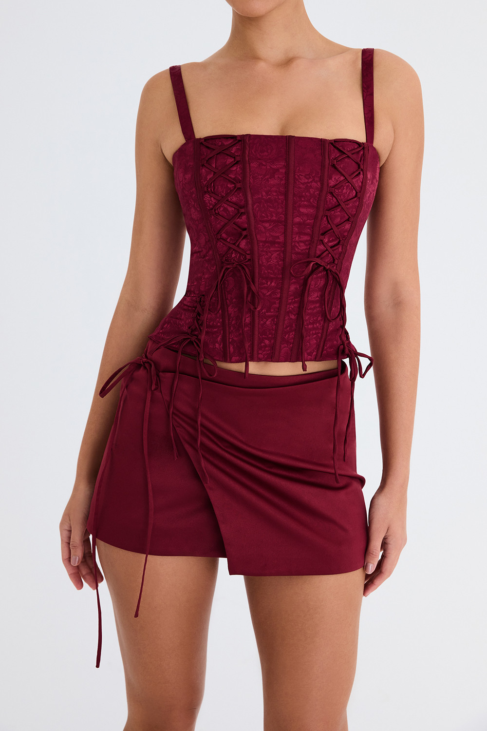 Mistress Rocks Redcurrant Satin Wrap Mini Skirt - SALE - luluinthesky