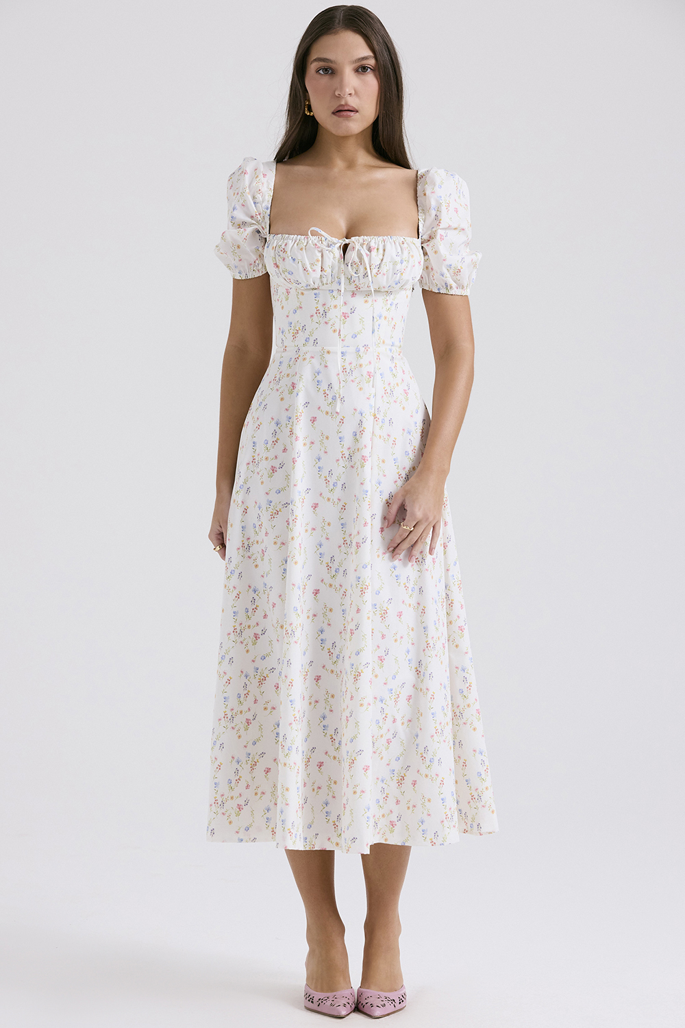 Tallulah White Posy Print Cotton Puff Sleeve Midi Sundress - luluinthesky