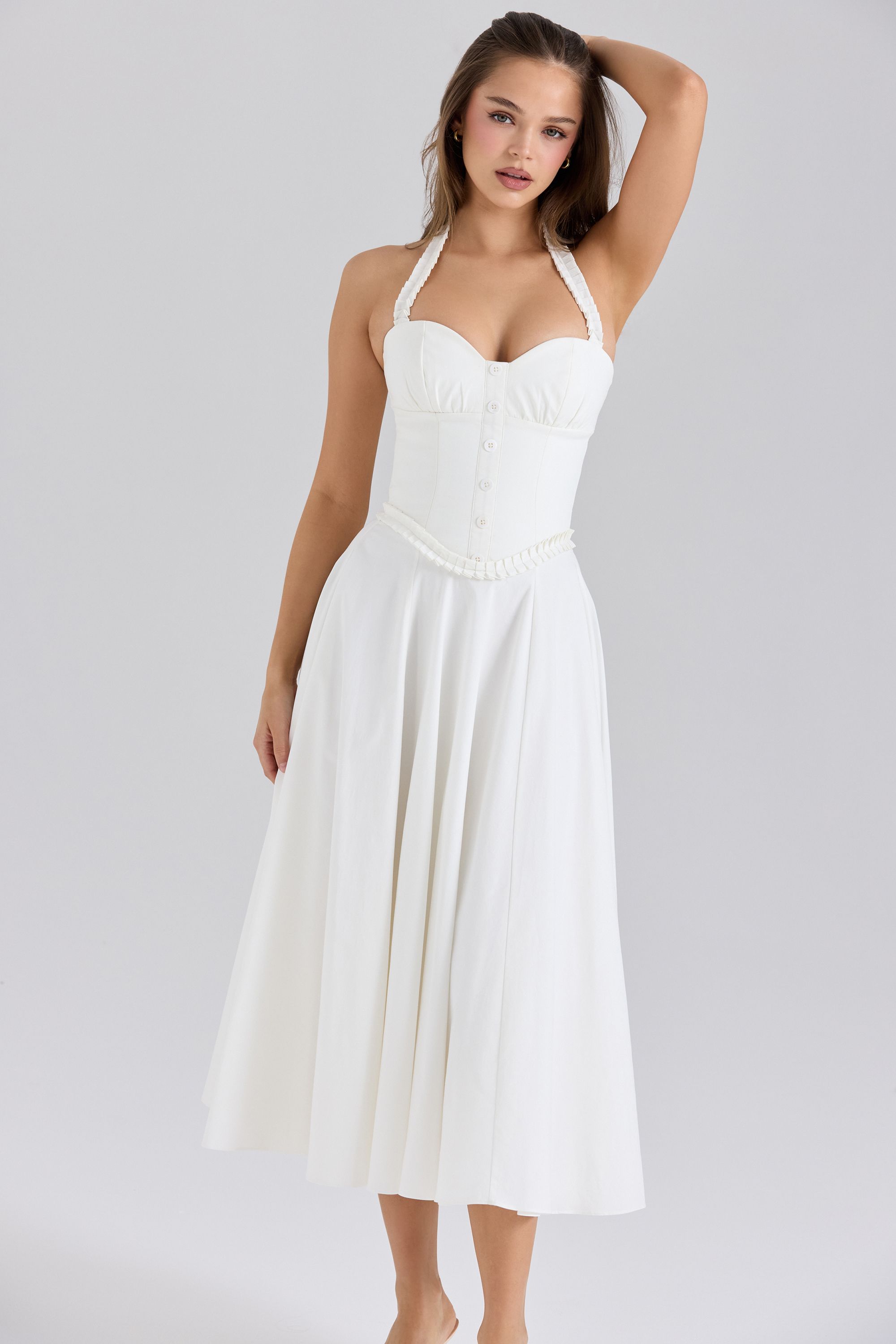 Georgie White Stretch Cotton Halter Neck Midi Dress - luluinthesky
