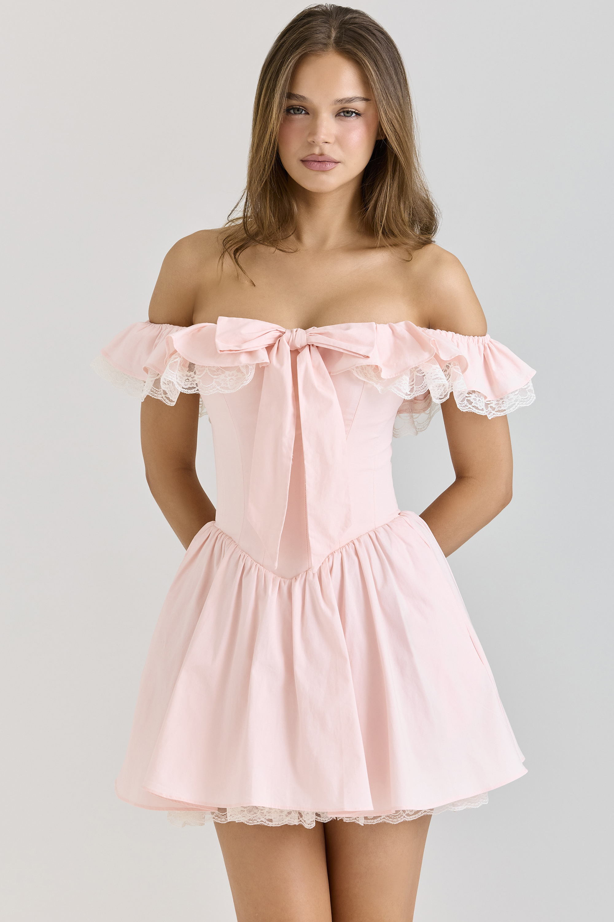 Jaide Pink Stretch Cotton Off Shoulder Corset Mini Dress - luluinthesky