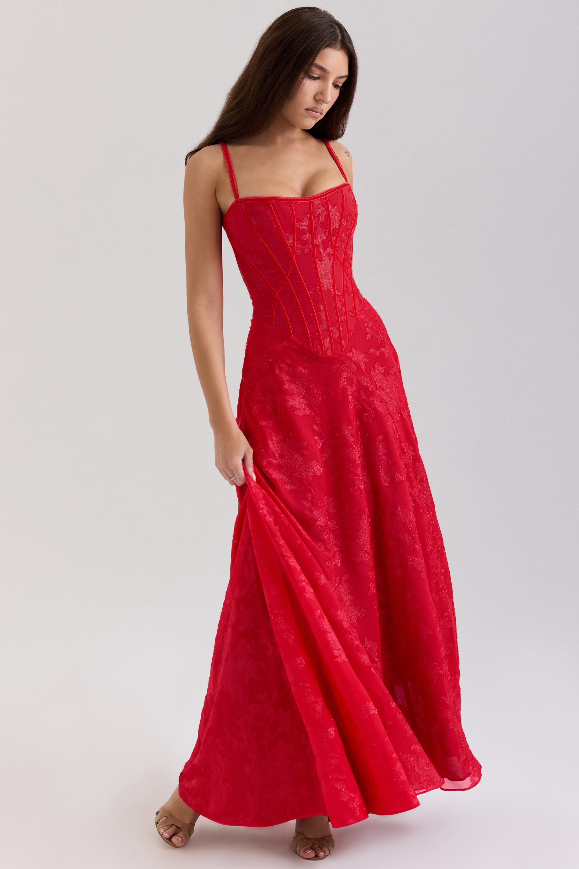 Esme Red Lurex Chiffon Maxi Dress - luluinthesky