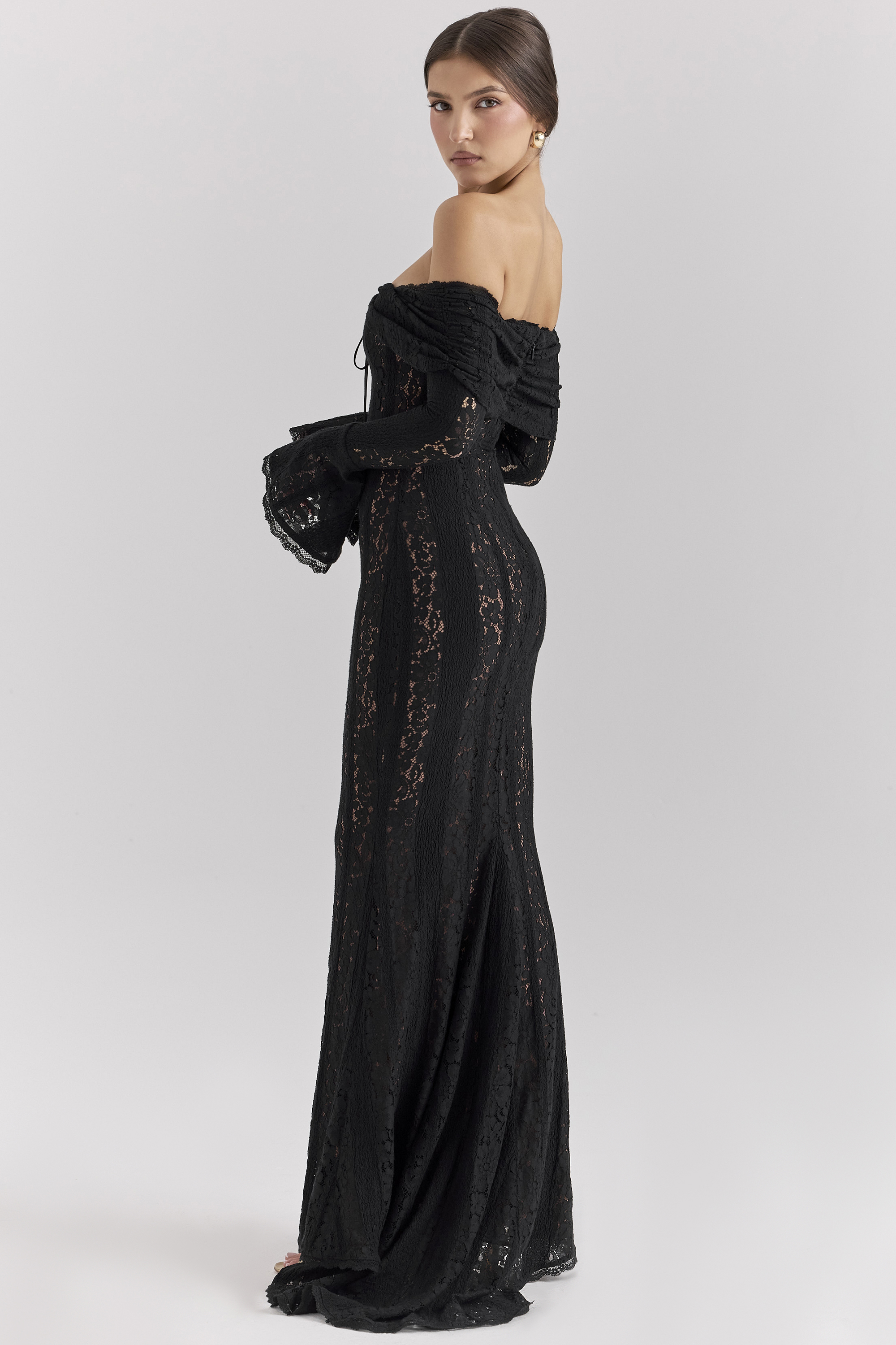 Belle Black Off Shoulder Floral Lace Maxi Dress - luluinthesky