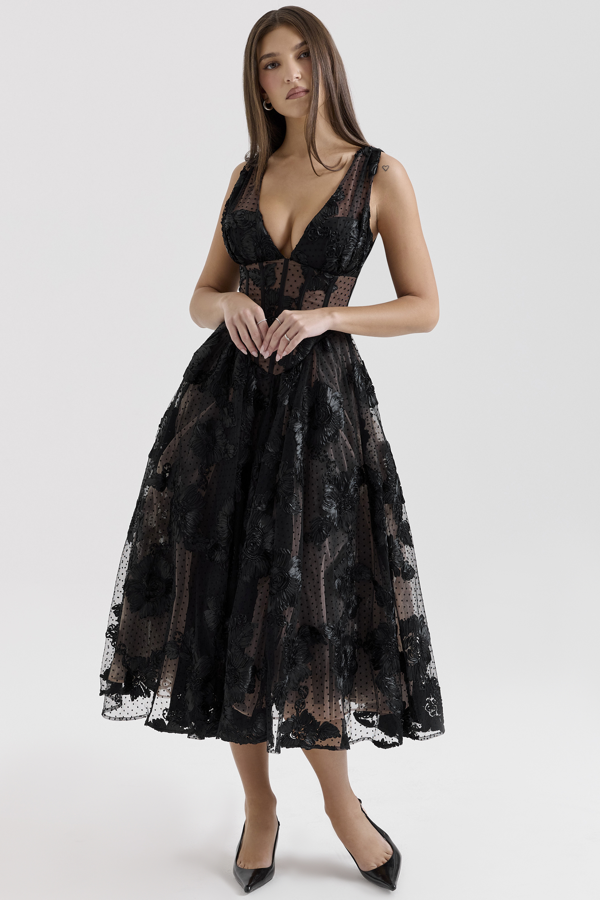 Sianna Black Embroidered Tulle Corset Midi Dress - luluinthesky