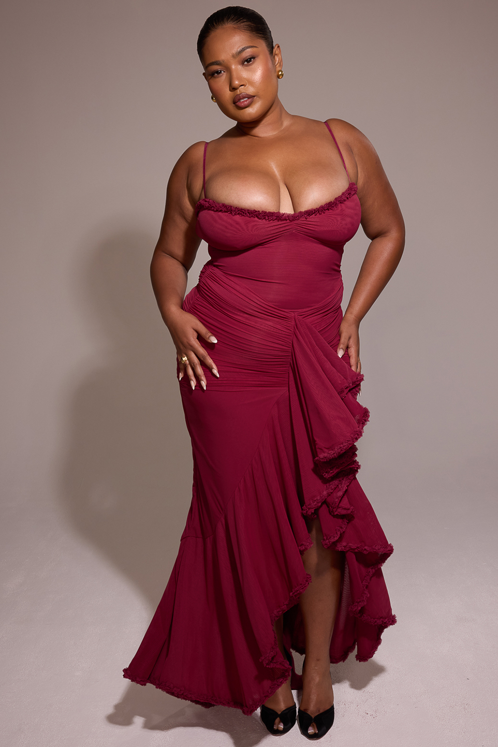 Gabbi Wine Ruffled Front Gown - luluinthesky