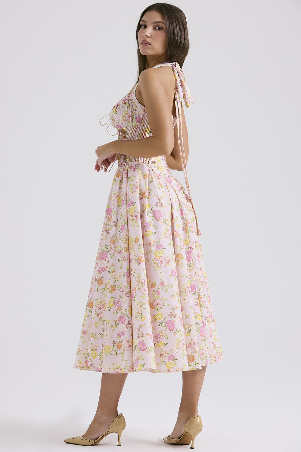 Adabella Pink Meadow Print Cotton Halter Midi Sundress - luluinthesky