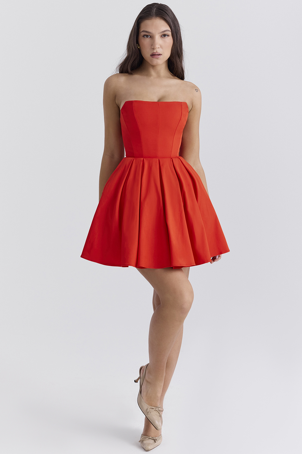 Emmanuela Italian Tomato Strapless Pleated Mini Dress - luluinthesky