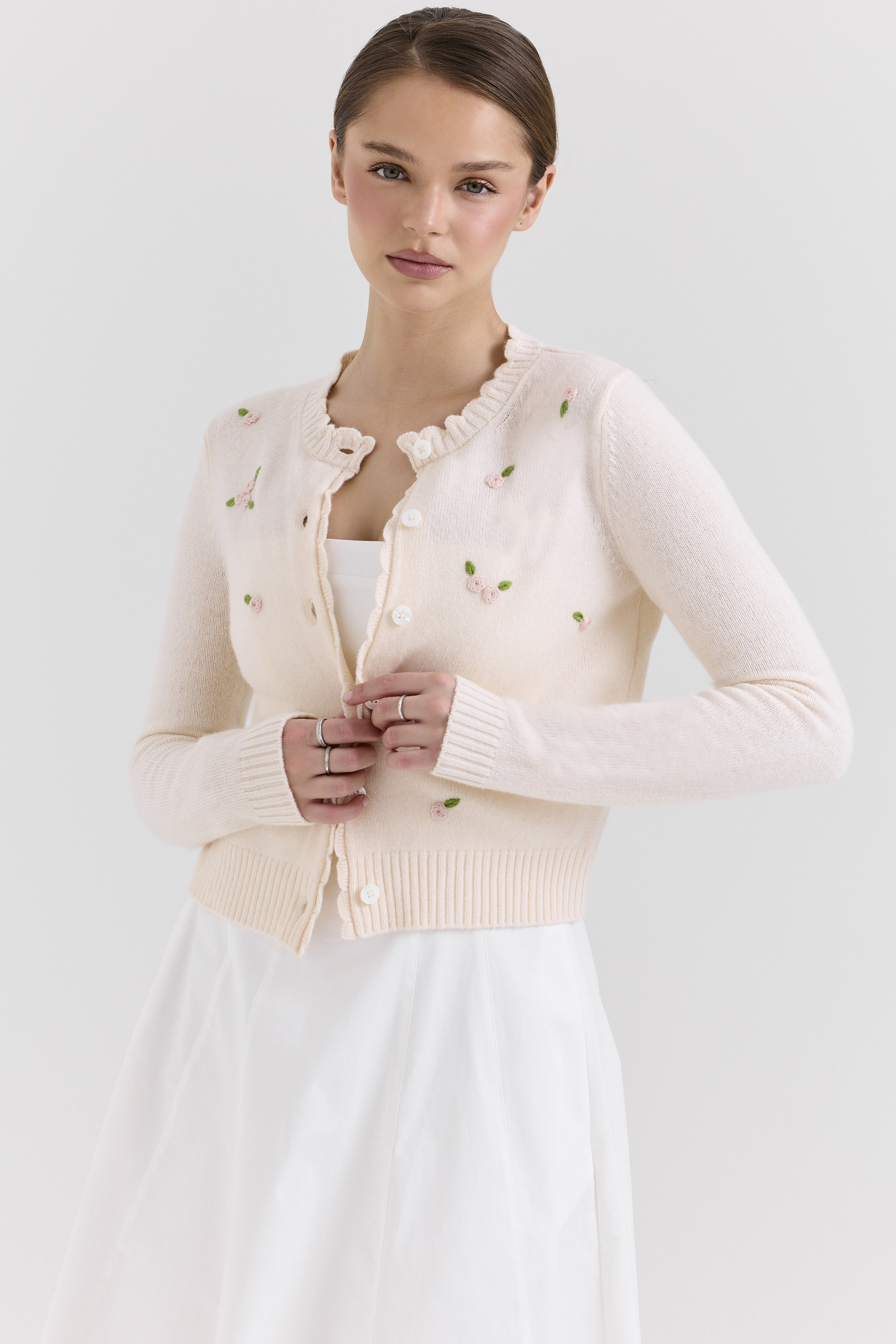 Anjou Cream Lambswool Rose Embroidered Cardigan - luluinthesky