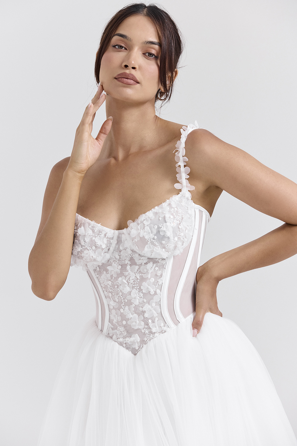 Nathalie White Floral Lace Tulle Bridal Gown - luluinthesky