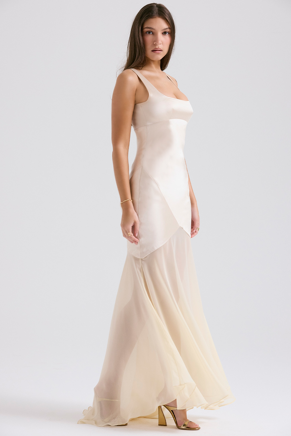 Vittoria Champagne Chiffon Floor Length Gown - luluinthesky