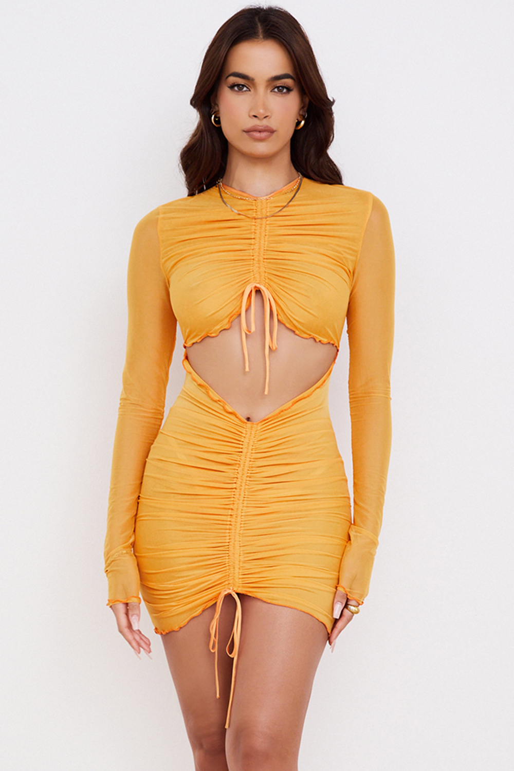 Jeanelle Orange Ruched Mesh Long Sleeve Cutout Mini Dress - luluinthesky