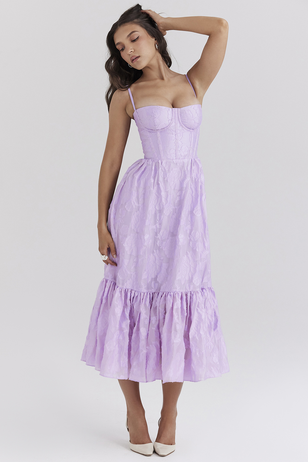 Mira Orchid Floral Jacquard Tiered Midi Dress - luluinthesky